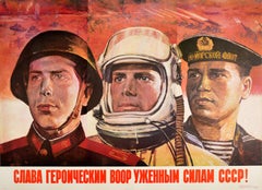 Original Vintage Poster Hero Military Glory Red Army Soviet Navy Air Force USSR