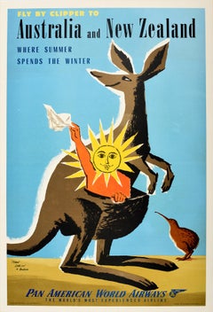 Original Vintage Travel Poster Australia New Zealand PanAm Clipper Kangaroo Kiwi