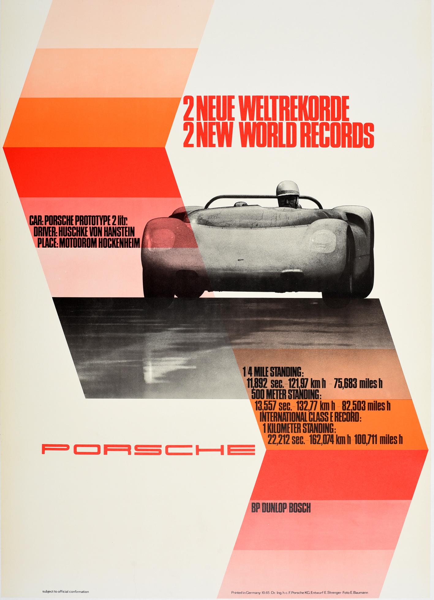 Erich Strenger, E. Baumann Print - Original Vintage Auto Racing Poster Porsche Prototype 2 World Records Hockenheim
