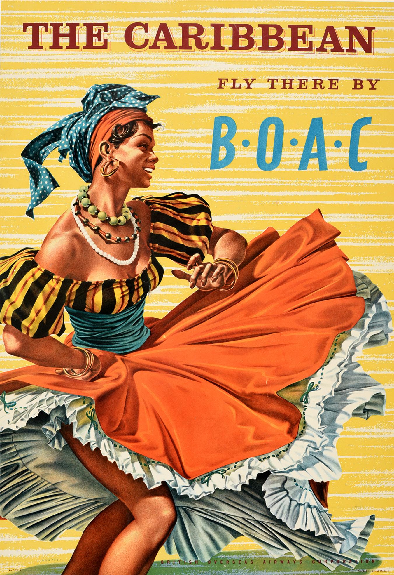 Hayes Print - Original Vintage Poster The Caribbean Fly There By BOAC Airline Travel Dancer