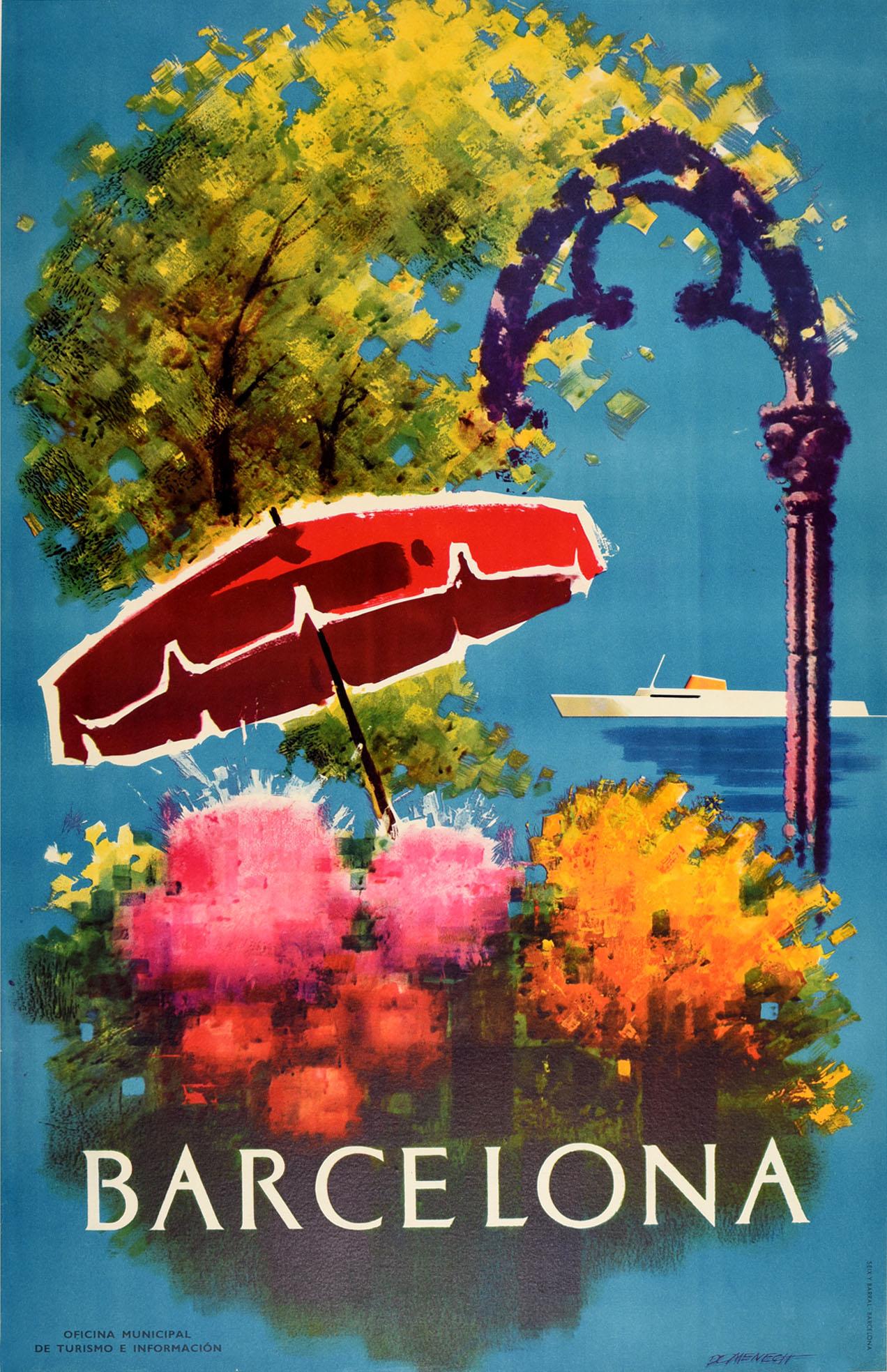 Domenech Print - Original Vintage Poster Barcelona Spain Travel Art Flowers Ship Design Tourism