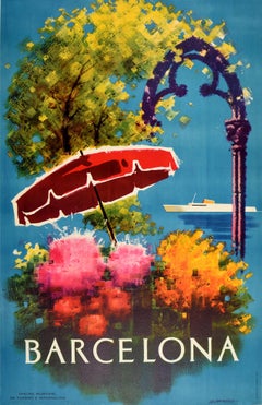 Original Vintage Poster Barcelona Spain Travel Art Flowers Ship Design Tourism