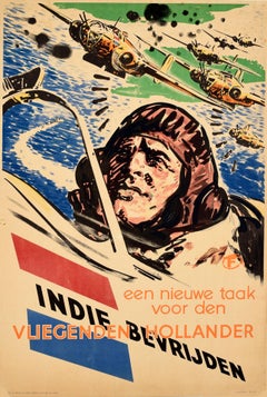 Affiche vintage originale, Libérez les Indes Orientales, Indies Bevrijden, seconde guerre mondiale, Pilote