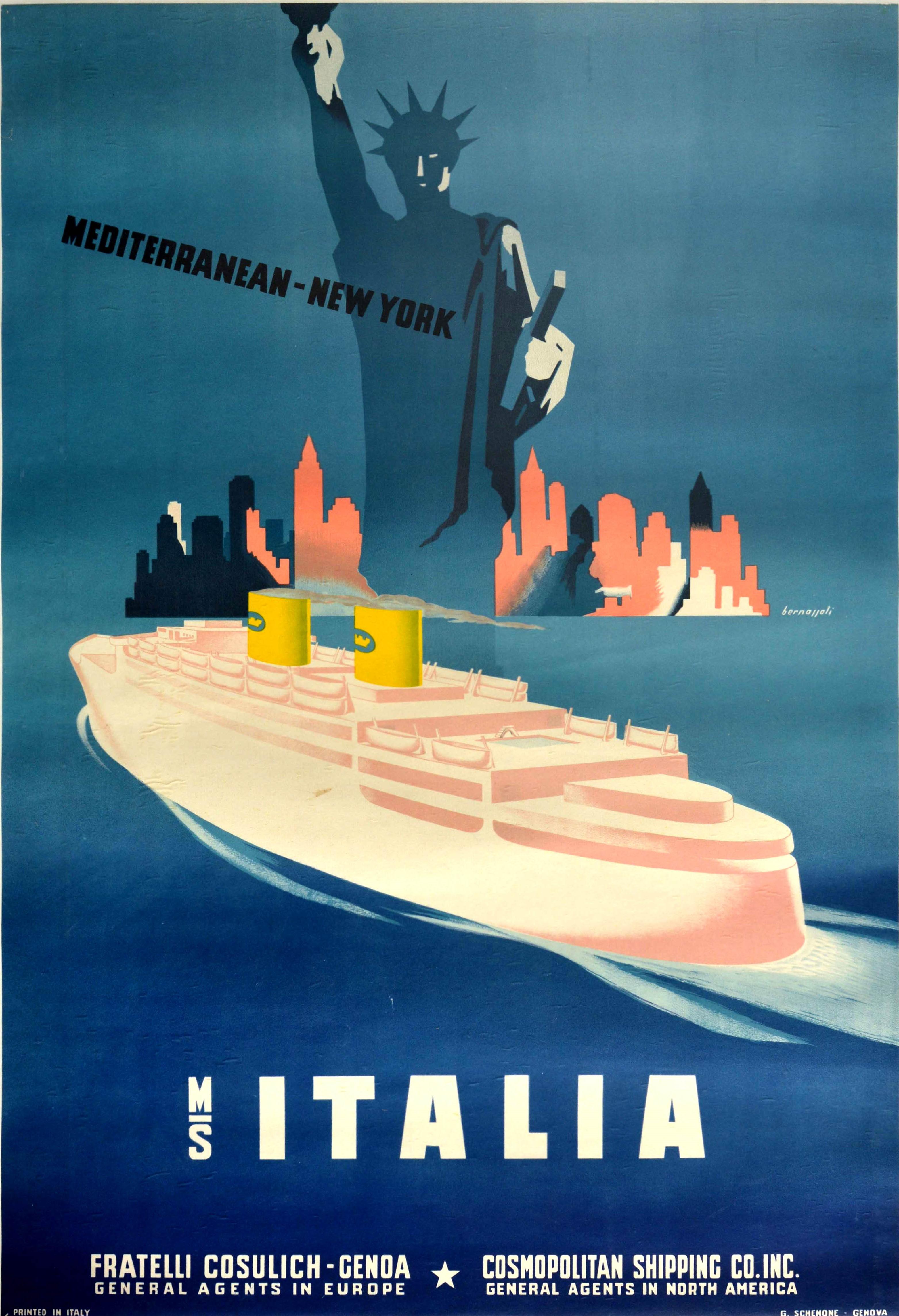 Dario Bernazzoli Print - Original Vintage Travel Poster Mediterranean New York City MS Italia Cruise Ship