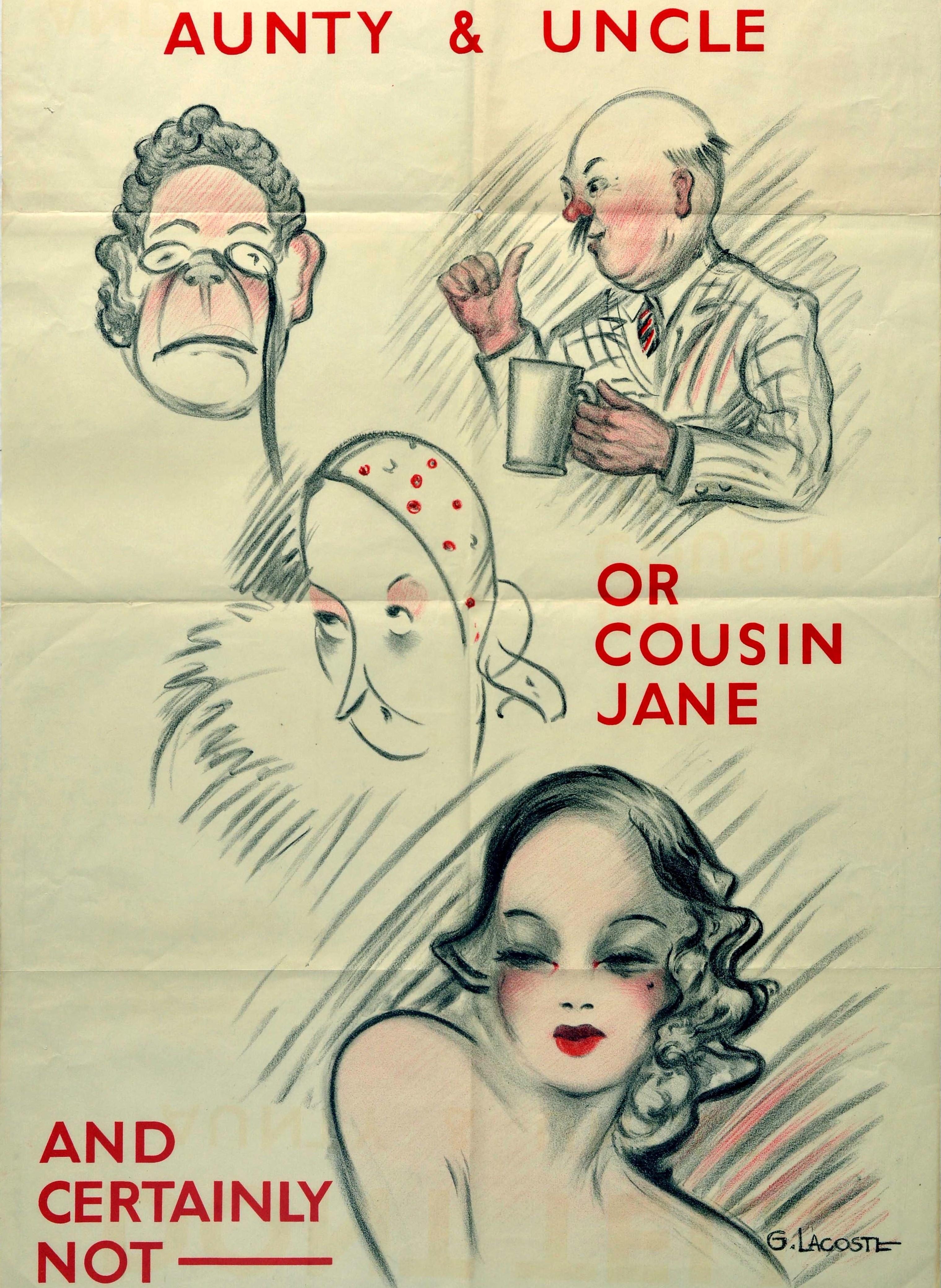 Affiche de propagande originale de la Seconde Guerre mondiale - Ne le dites pas à Tante et Oncle ou à Cousine Jane et Certainement pas - avec l'inscription rouge en gras entre les images caricaturales d'un couple représentant la dame portant des