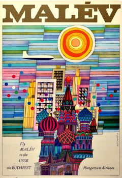 Original Retro Poster Fly Malev To USSR Budapest Moscow St Basil's Cathedral