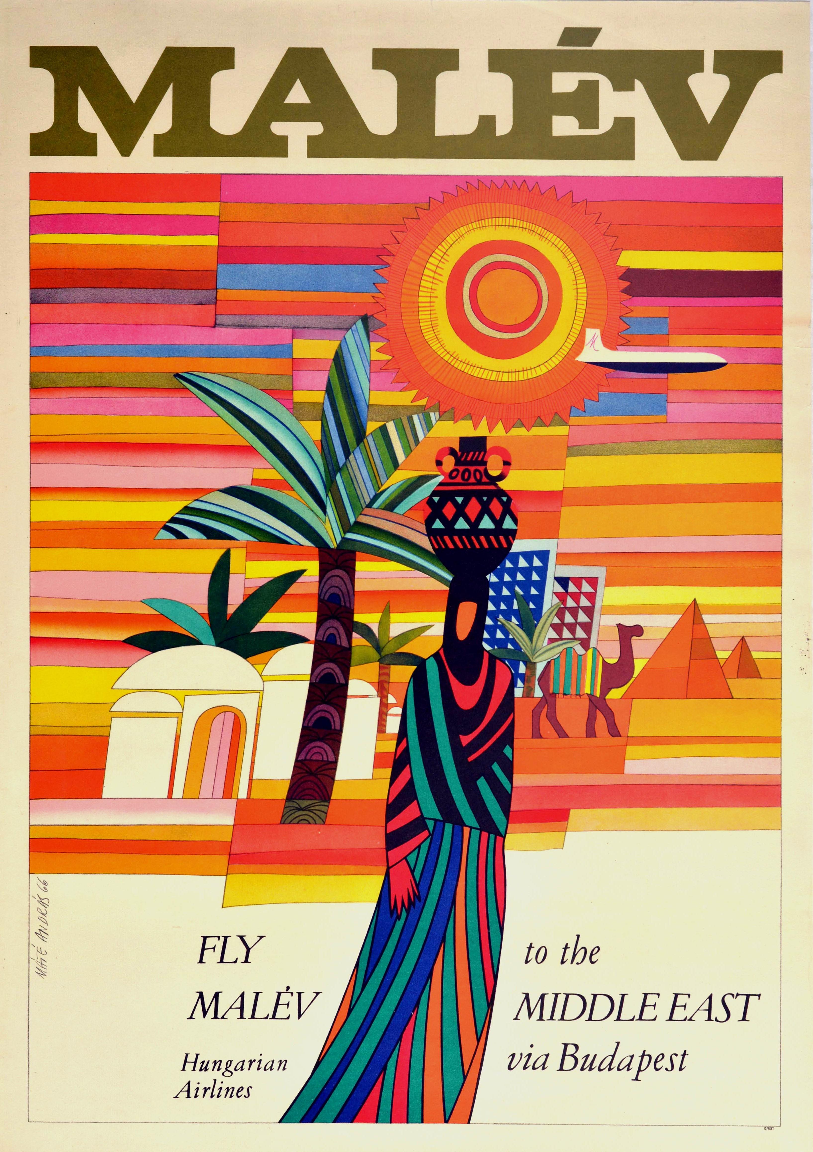 Mate Andras Print - Original Vintage Poster Fly Malev Hungarian Airlines To Middle East Via Budapest
