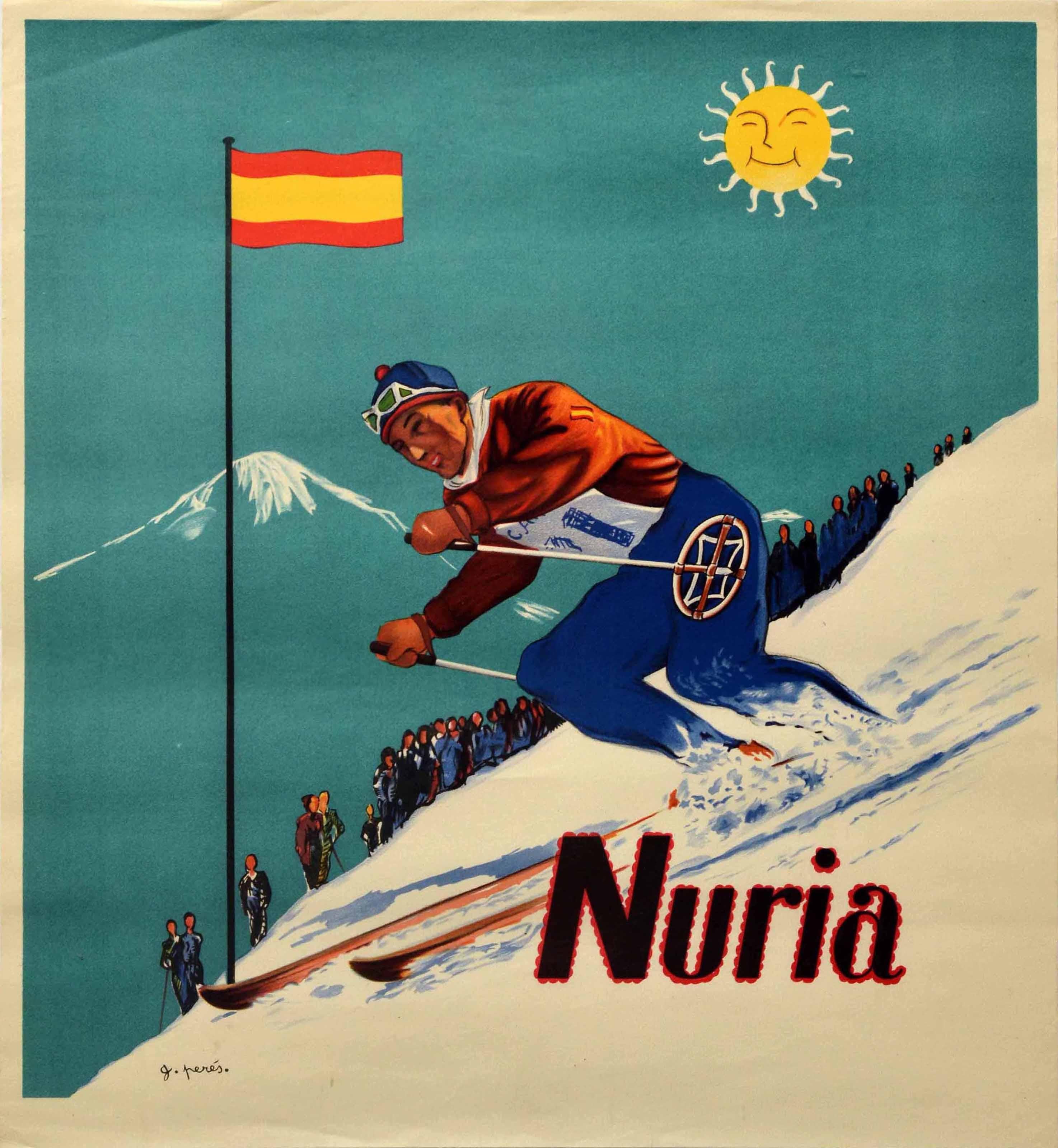 J. Peres Print - Original Vintage Skiing Poster Nuria Catalonia Spain Pyrenees Ski Winter Sport