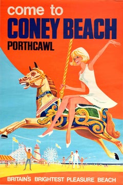 Original Retro Poster For Coney Beach Porthcawl Wales Fairground Pleasure Park