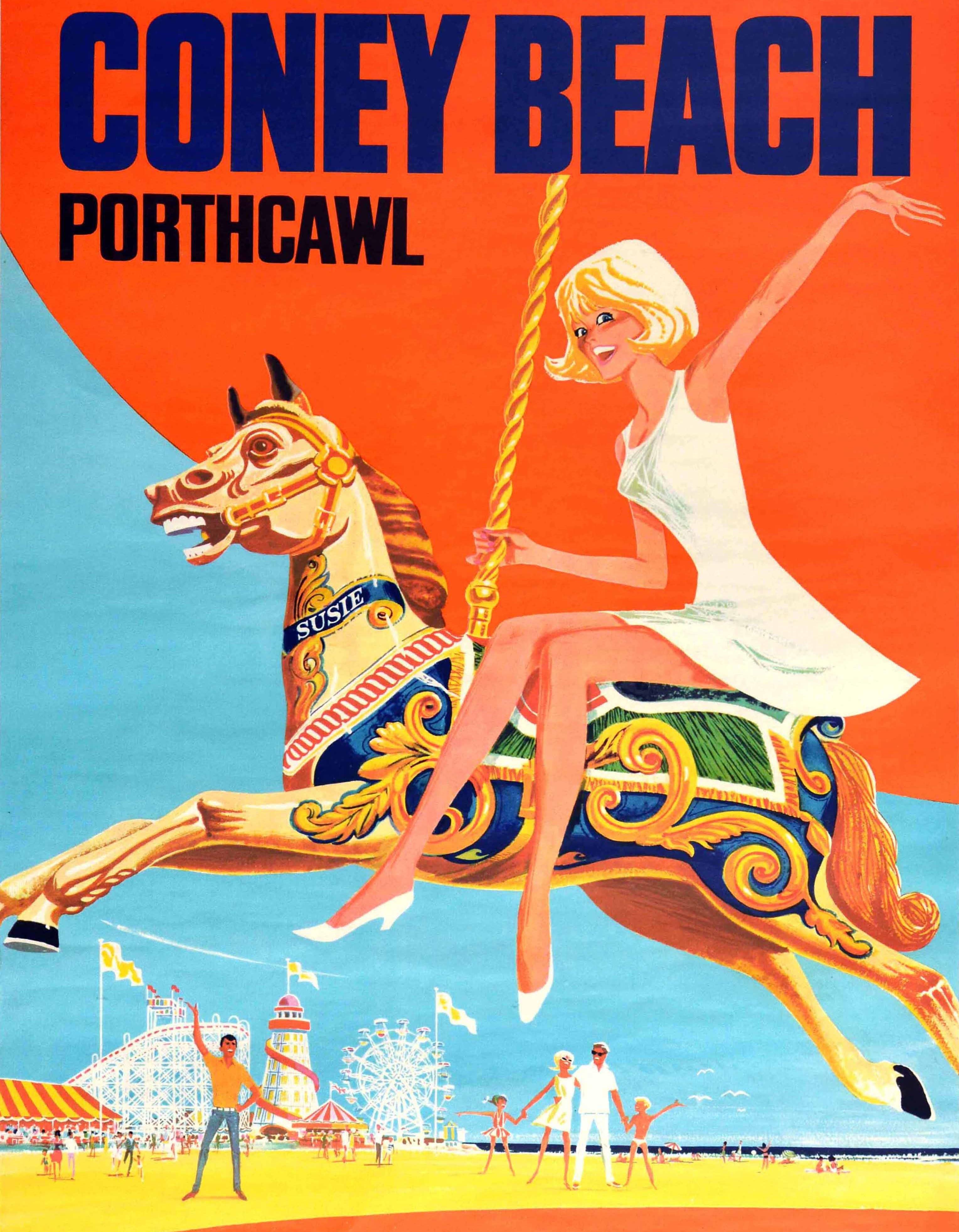 Cartel publicitario original de época sobre viajes - Ven a Coney Beach Porthcawl, la playa de recreo más brillante de Gran Bretaña - con una colorida ilustración de una joven sonriente vestida de blanco que saluda al espectador mientras disfruta de