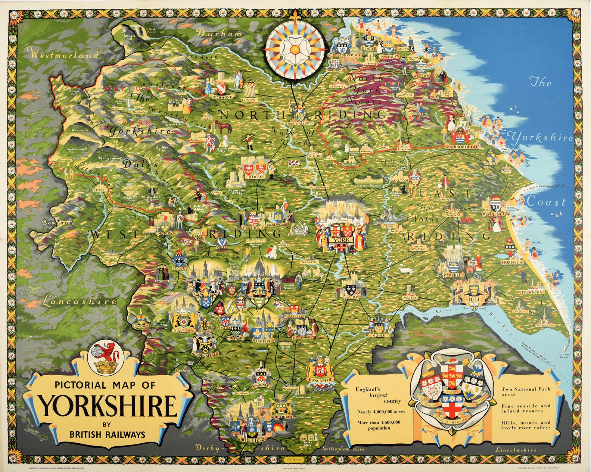 E.H. Spencer Print - Original Vintage Poster Pictorial Map Of Yorkshire British Railways Train Travel