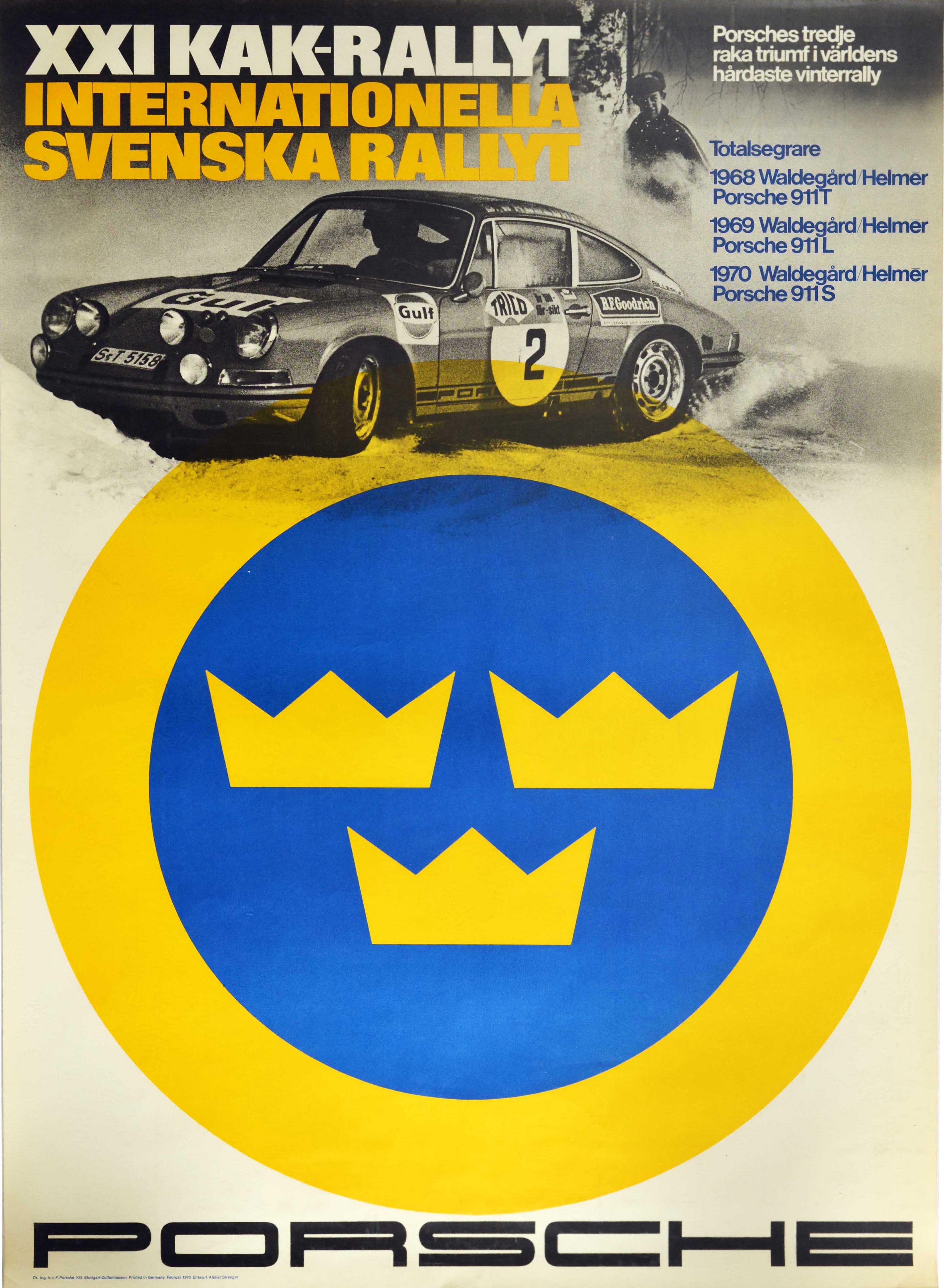 Erich Strenger Print - Original Vintage Poster Porsche 911 Svenska Rallyt Swedish Rally Auto Racing Car