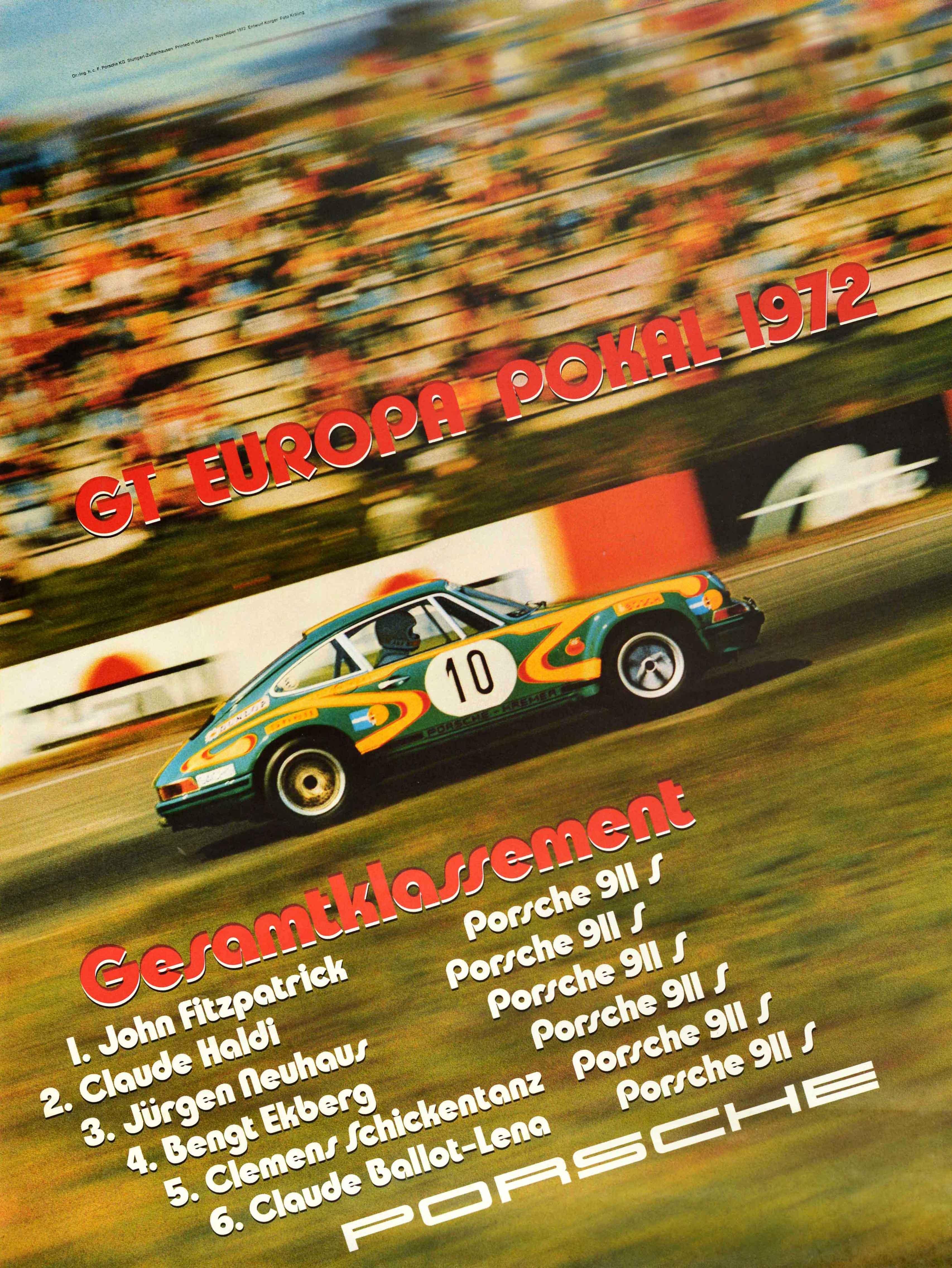 Korger Print - Original Vintage Auto Racing Poster Porsche 911 GT Europa Pokal 1972 Europe Cup