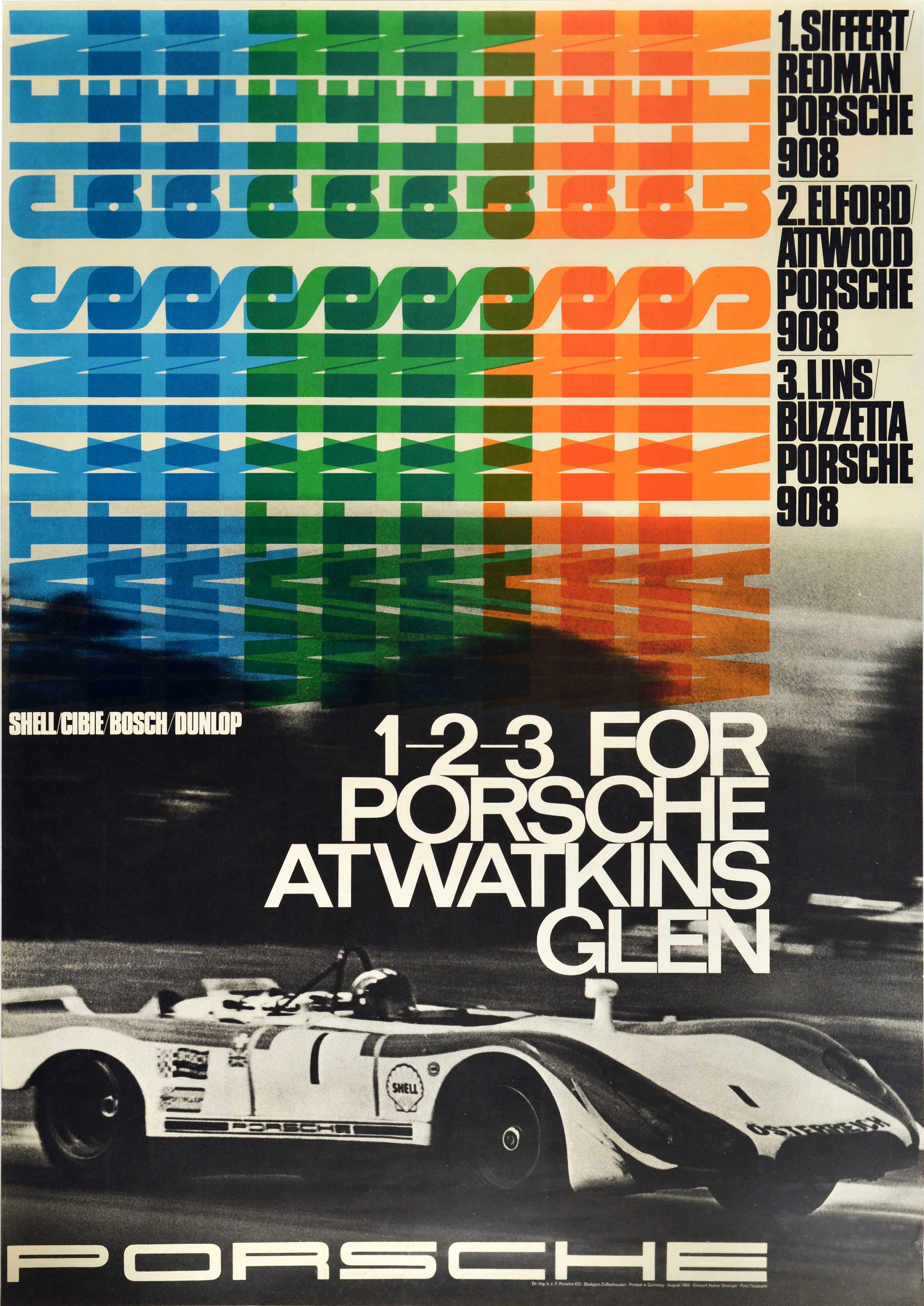 Erich Strenger Print - Original Vintage Auto Racing Poster 1-2-3 For Porsche At Watkins Glen Motorsport
