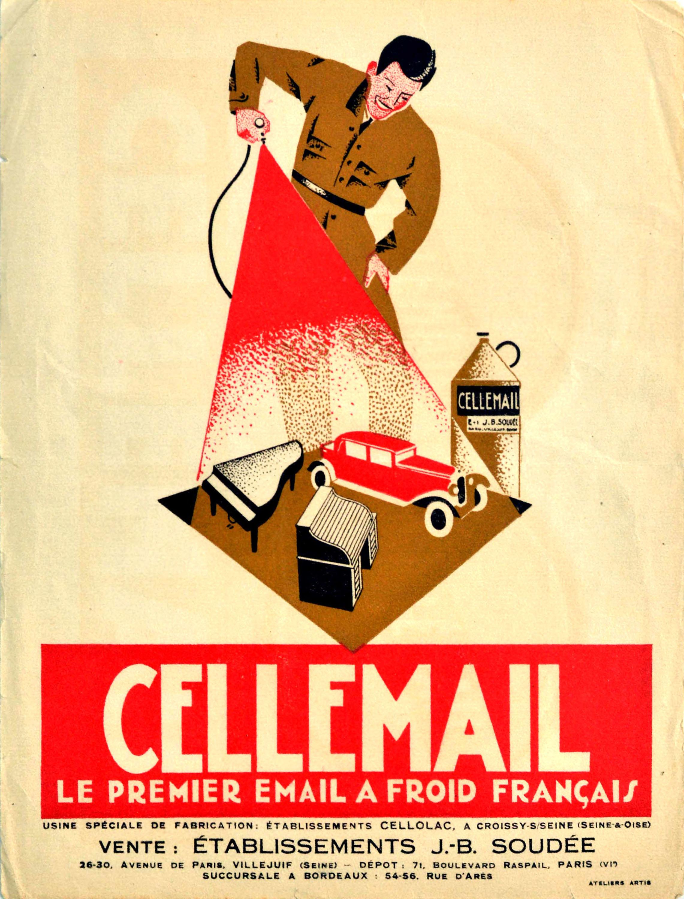 Original Antique Poster Cellemail Le Premier Email A Froid Francais Enamel Paint