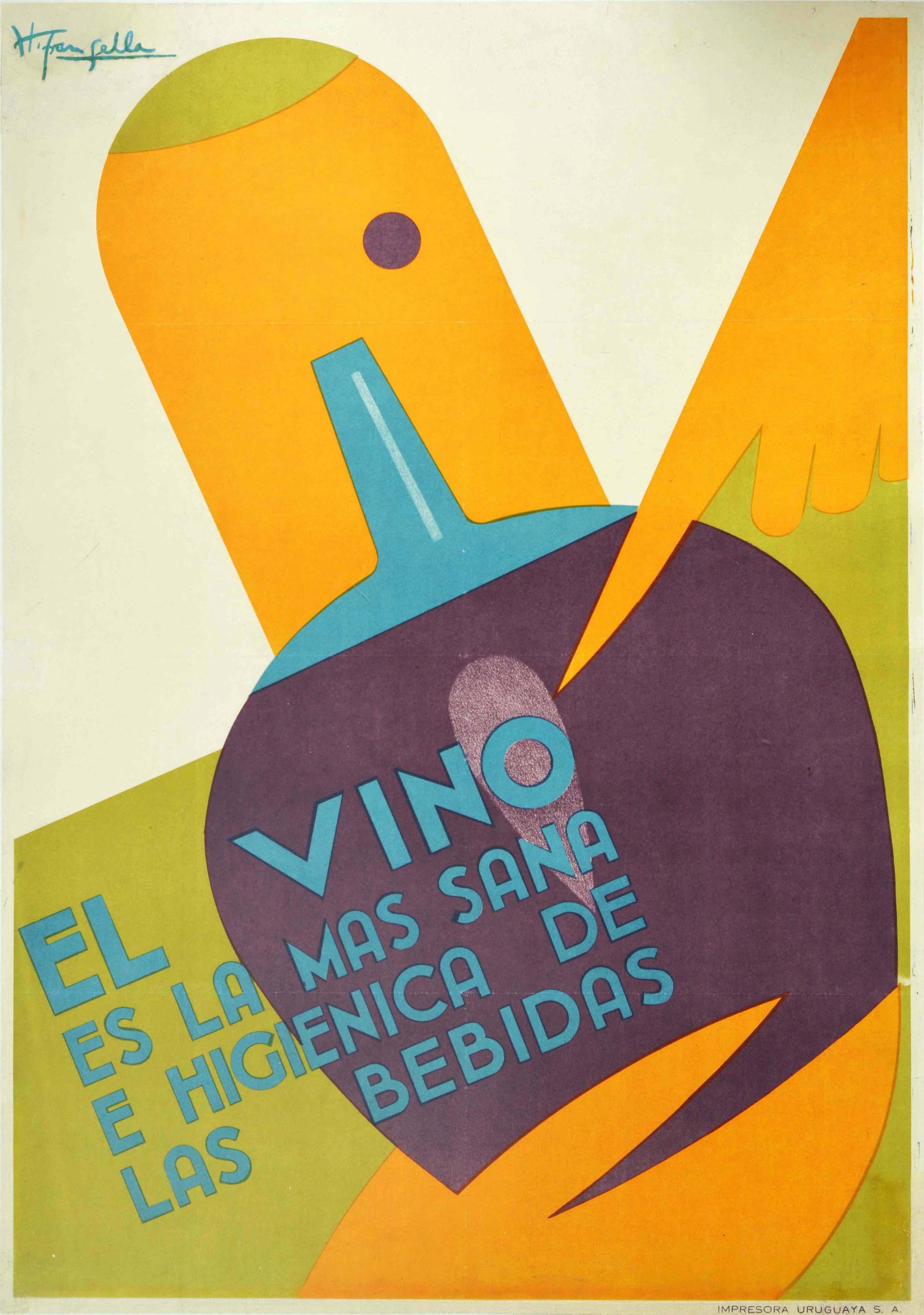 Humberto Frangella Print - Original Vintage Poster El Vino Es La Mas Sana Wine The Healthiest Drink Pasteur