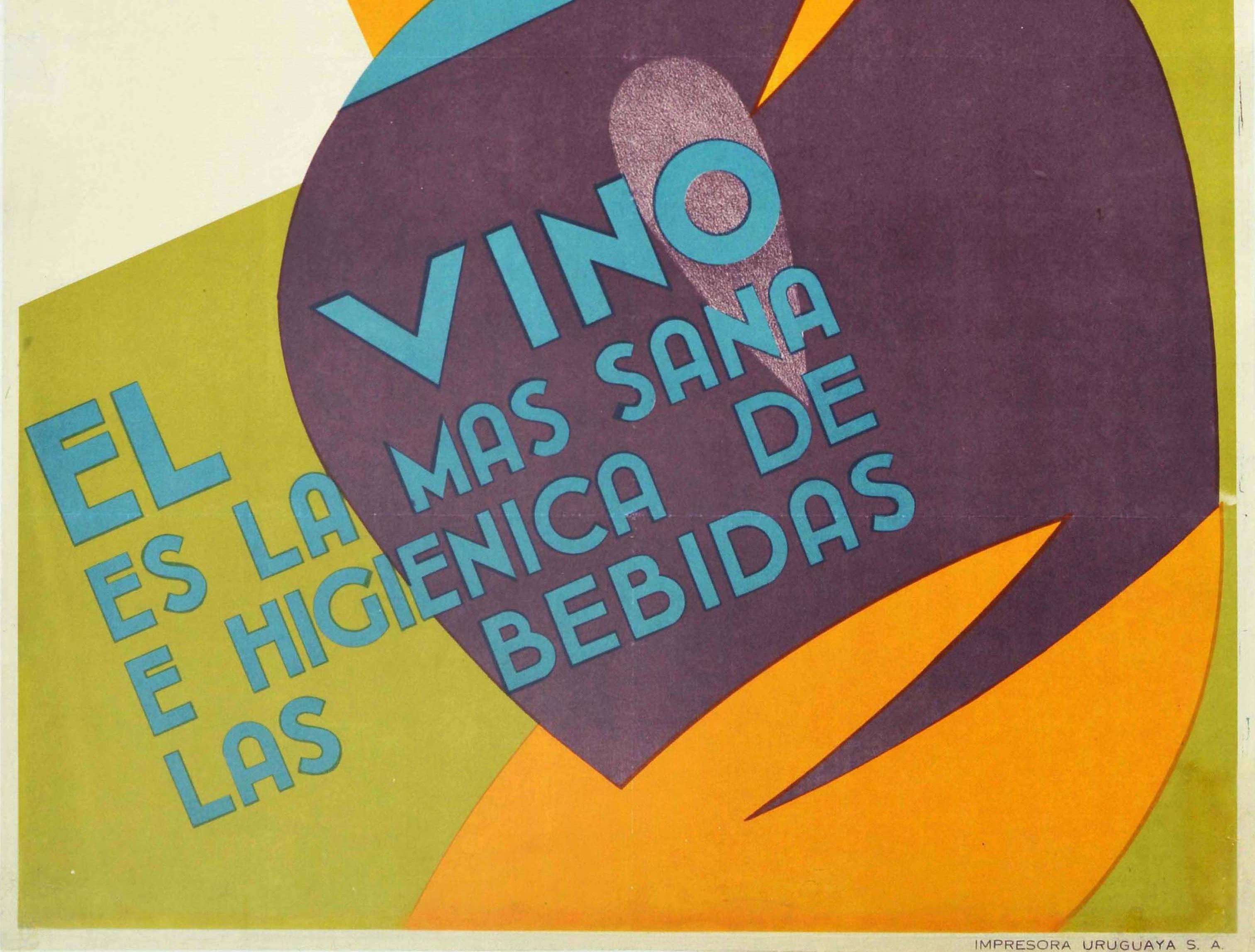 Original Vintage-Poster, „El Vino Es La Mas Sana“, Wein, das gesündeste Getränk, Pasteur (Art déco), Print, von Humberto Frangella