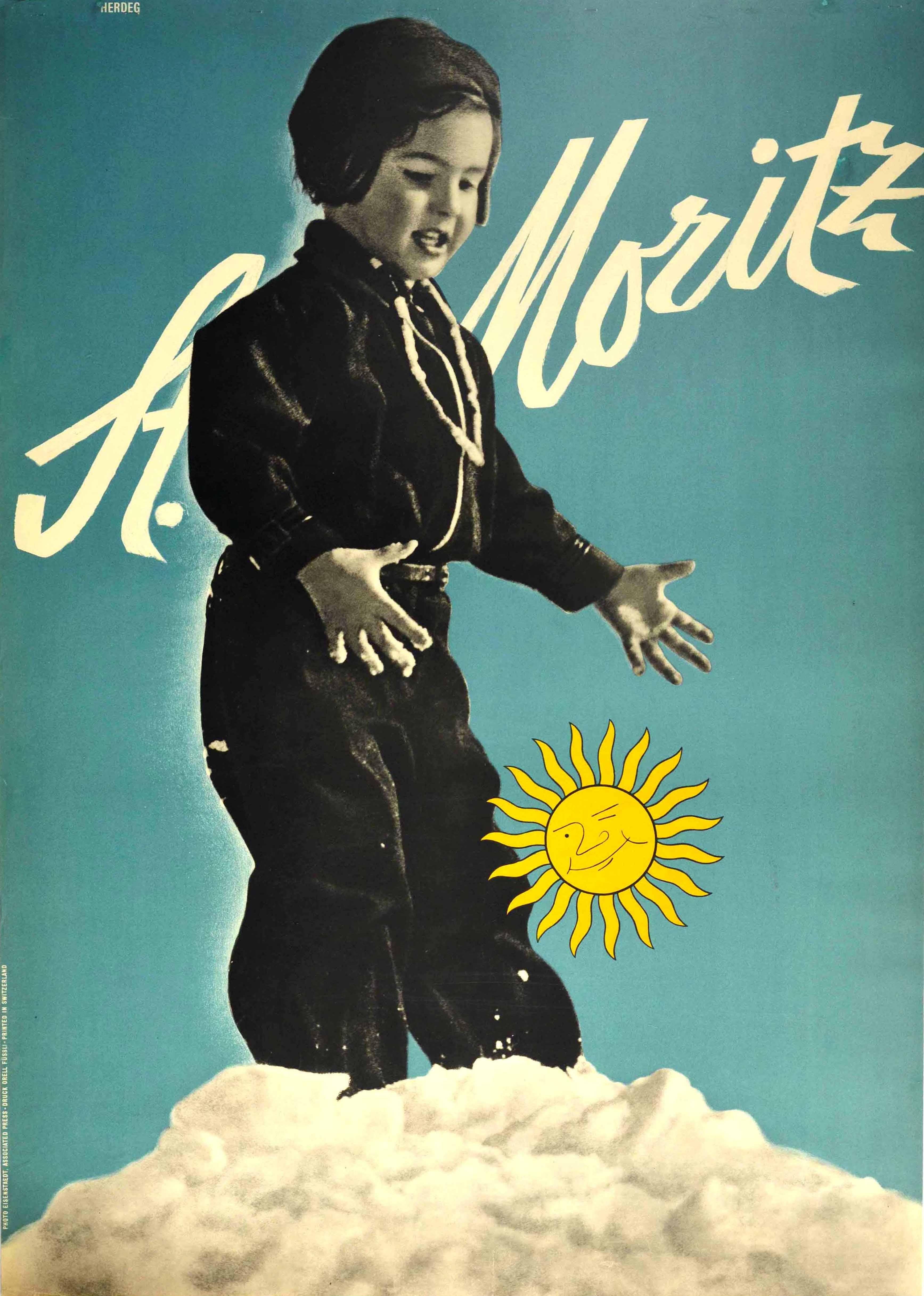 Walter Herdeg Print – Original-Vintage-Poster, St Moritz, Schweiz, Ski Resort, Schweizer Alpen, Wintersport