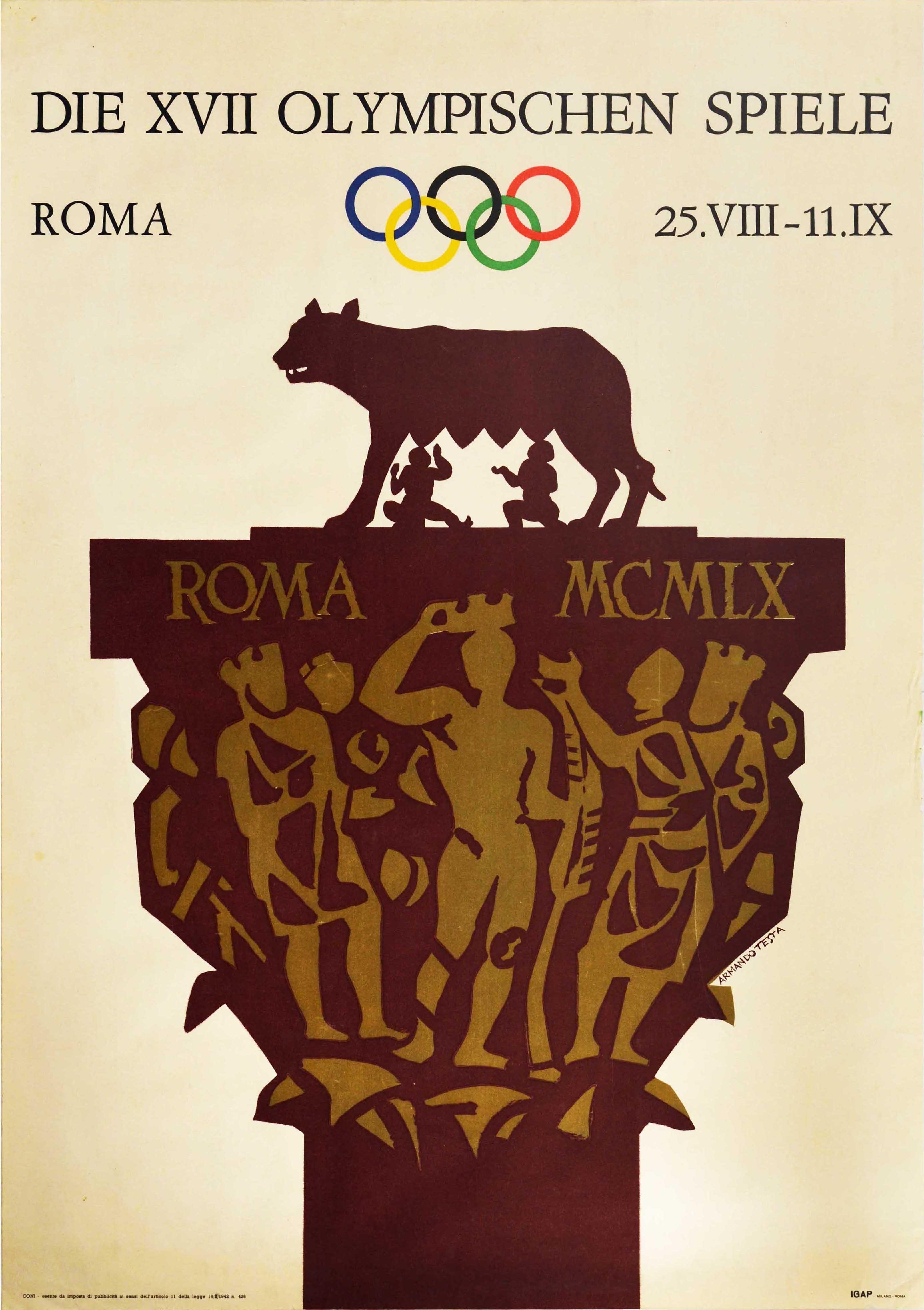 Print di Armando Testa - Poster sportivo originale d'epoca Roma Giochi Olimpici Italia Romolo e Remo Design
