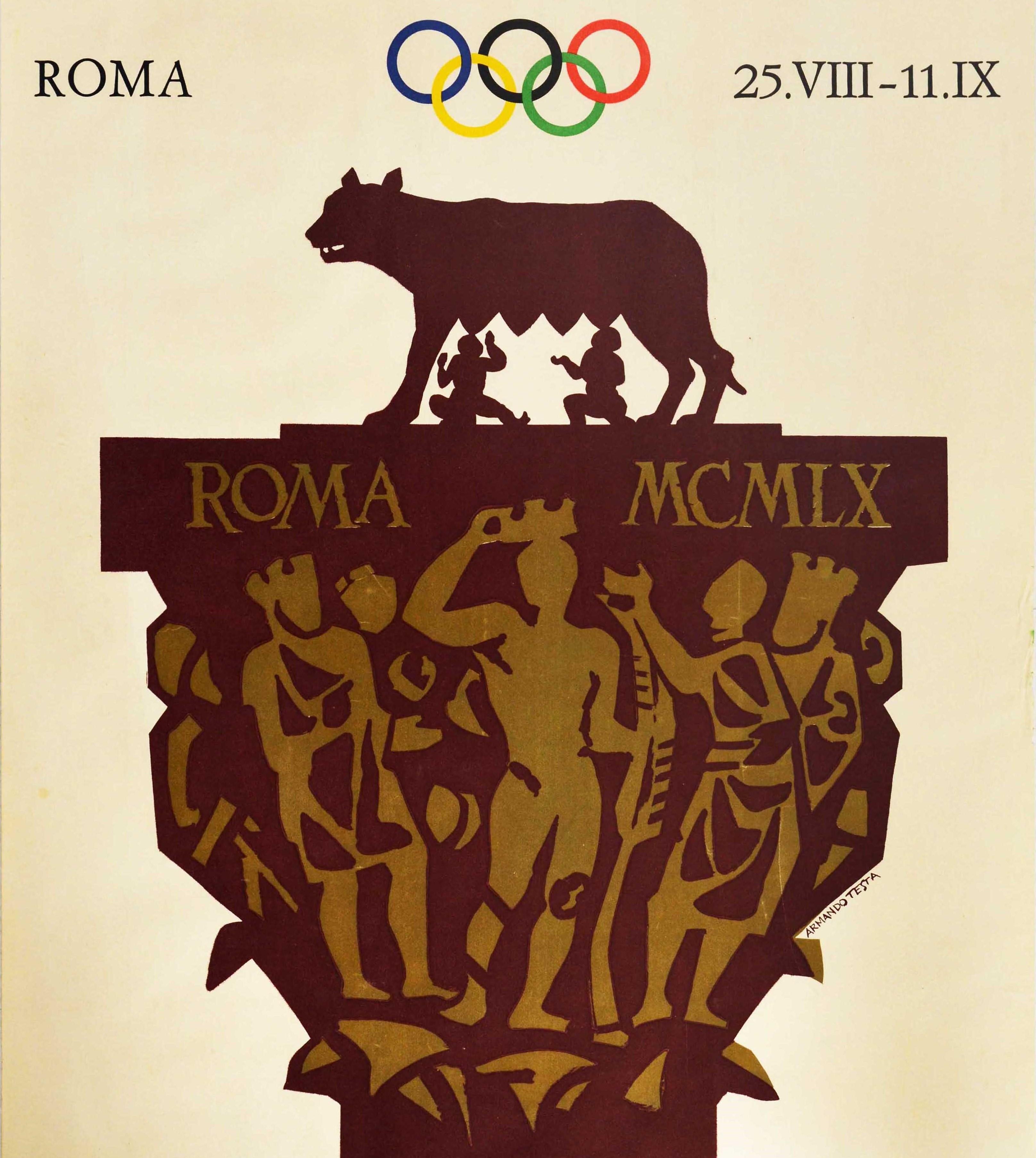 Affiche sportive vintage originale pour Die XVII Olympischen Spiele Roma 25.VIII-11.IX avec un superbe dessin d'Armando Testa (1917-1992) représentant les frères jumeaux Romulus et Remus allaités par le loup du Capitole (l'ancienne histoire de la