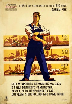 Original Vintage Soviet Poster 7 Year Plan Oil Coal Natural Gas Production USSR