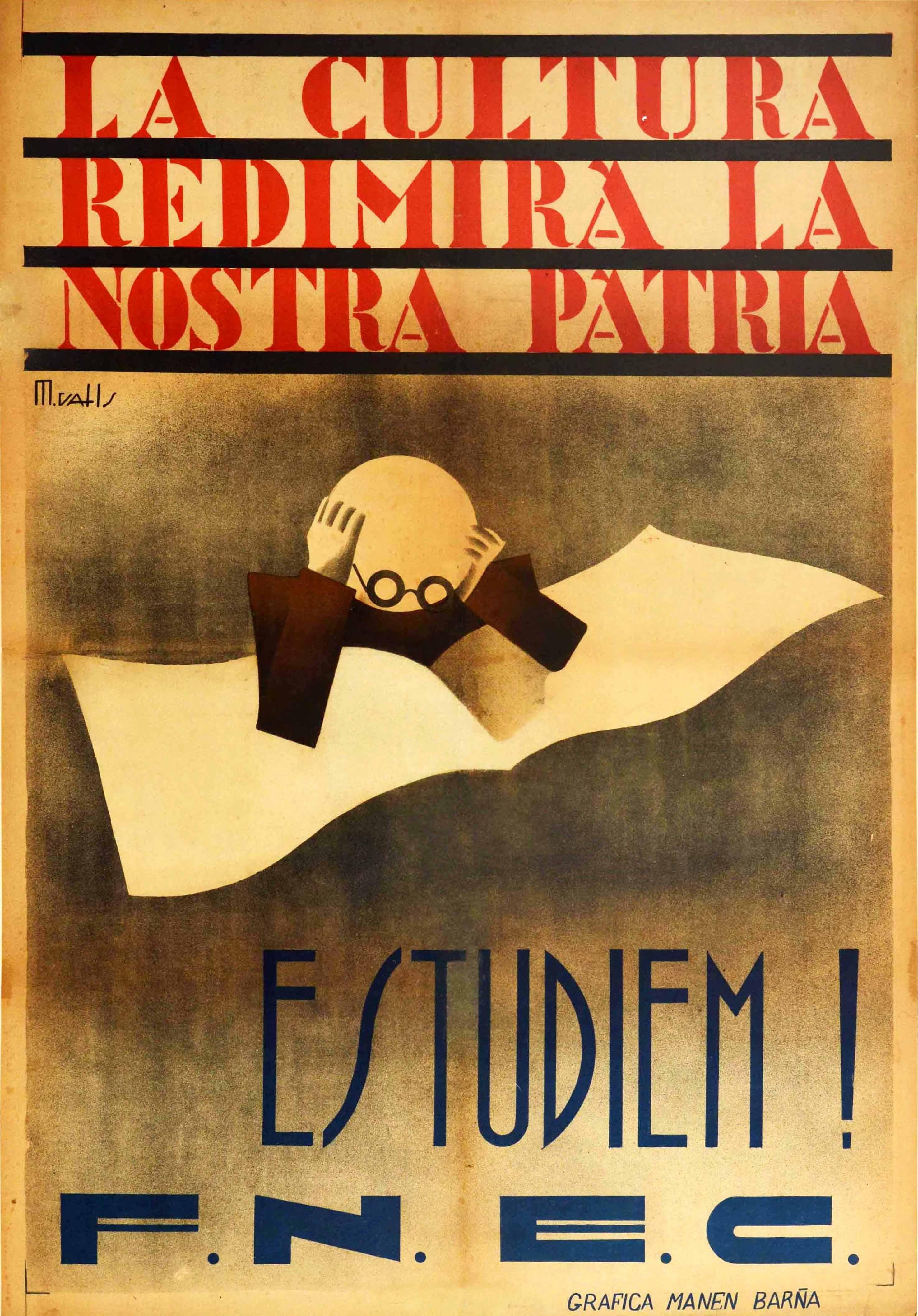 M. Valls Print - Original Vintage Poster Student Culture Our Homeland Let's Study Civil War Spain