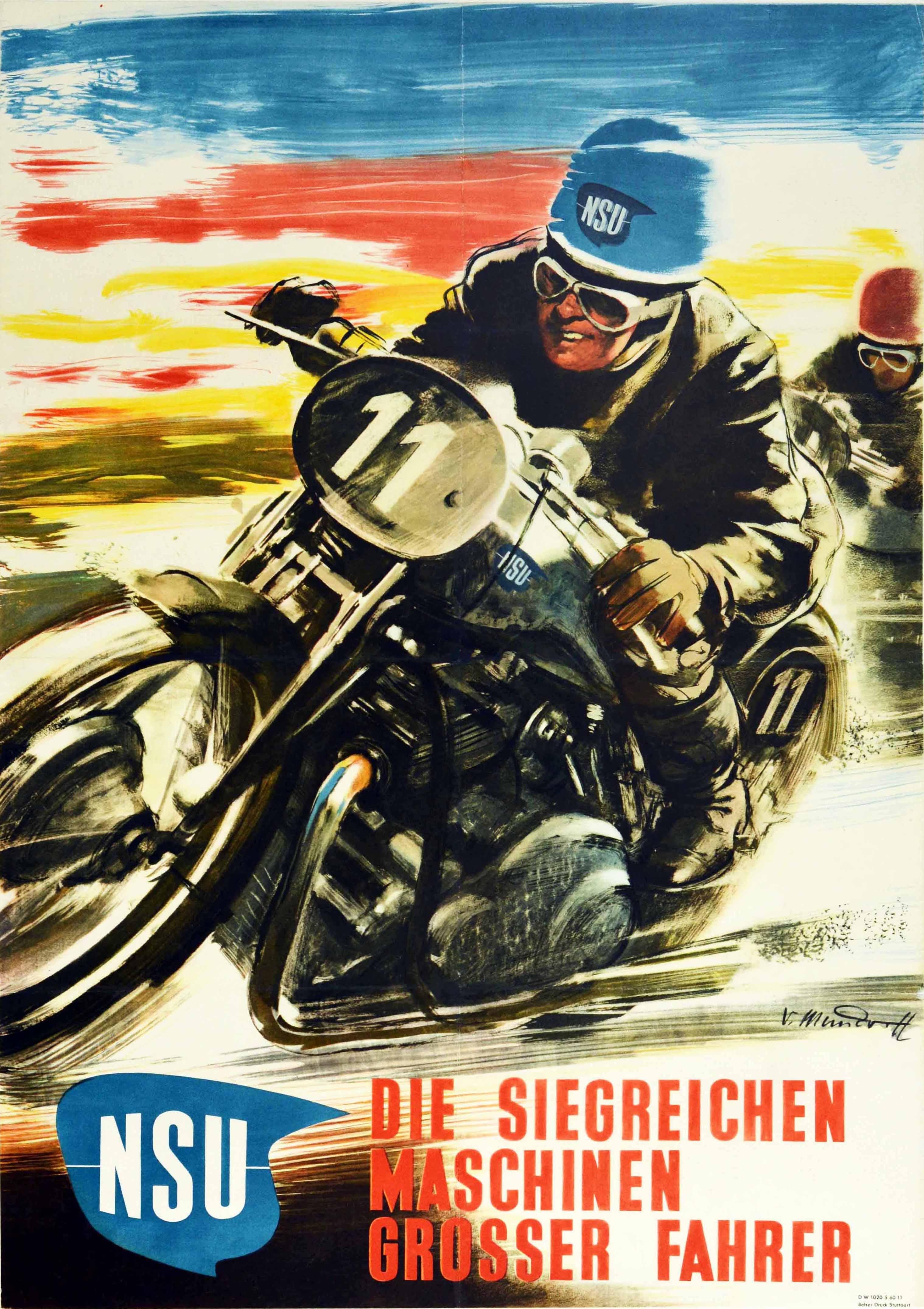 Victor Mundorff Print - Original Vintage Poster NSU Motorcycle Racing Victorious Machines Great Drivers