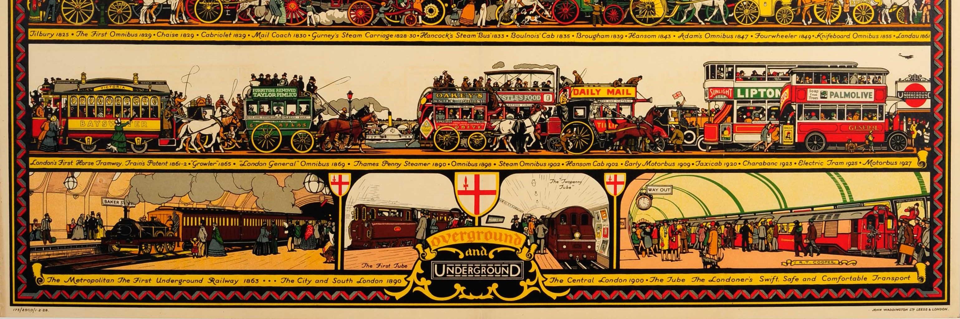 Original-Werbeplakat für die öffentlichen Verkehrsmittel London Overground und London Underground - The Londoner's Transport Throughout the Ages - von dem bekannten Künstler und Plakatgestalter Richard T. Cooper (1884-1957), der von 1924 bis 1935