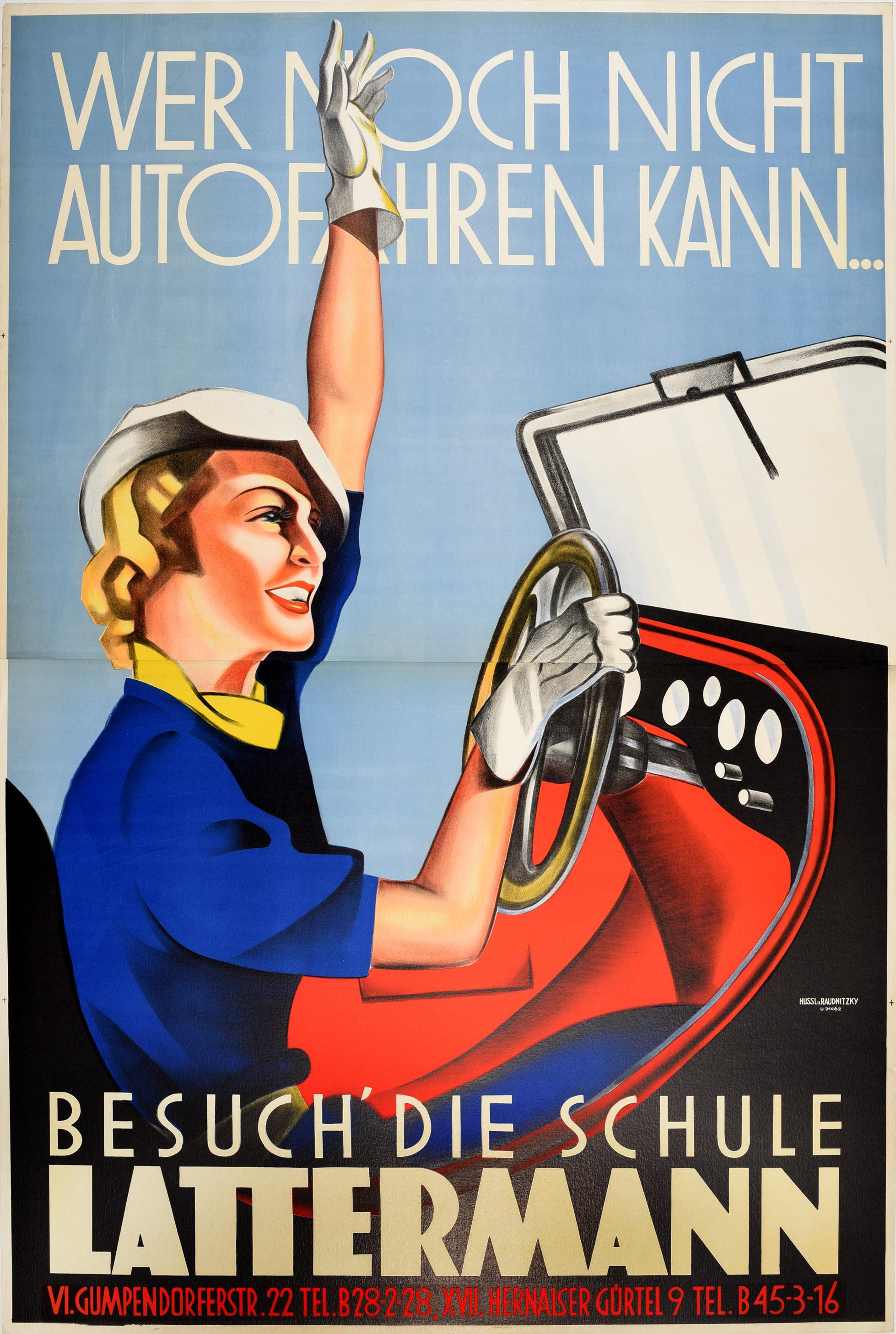Original Vintage Art Deco Style Advertising Poster For Lattermann Driving School