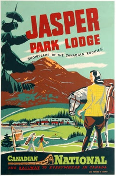 Affiche originale vintage des chemins de fer nationaux canadiens:: Jasper Park Lodge:: Rocheuses CNR