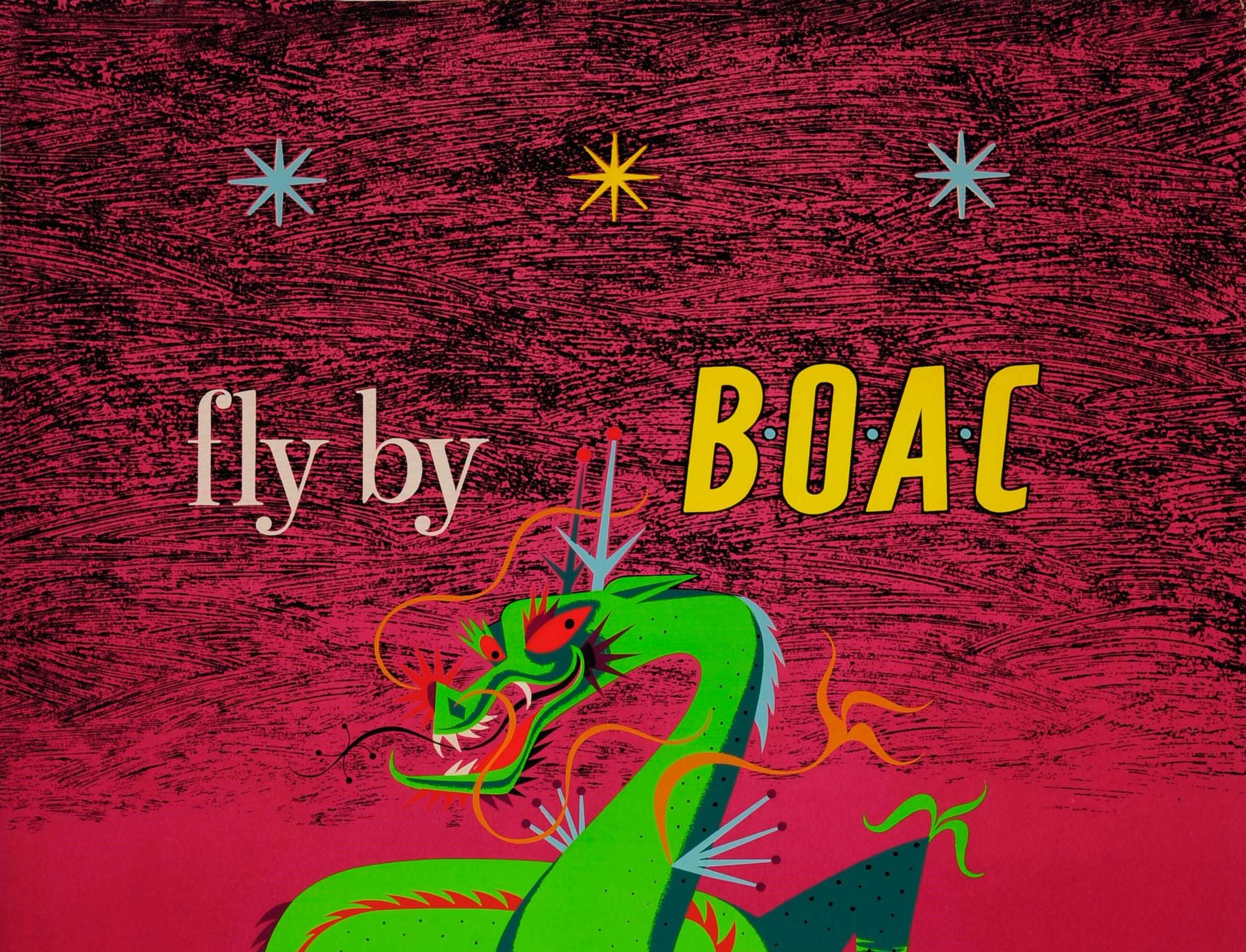 Original Vintage Air Travel Poster Fly By BOAC To The Far East ft. Dragon Design - Print by Maurice Laban
