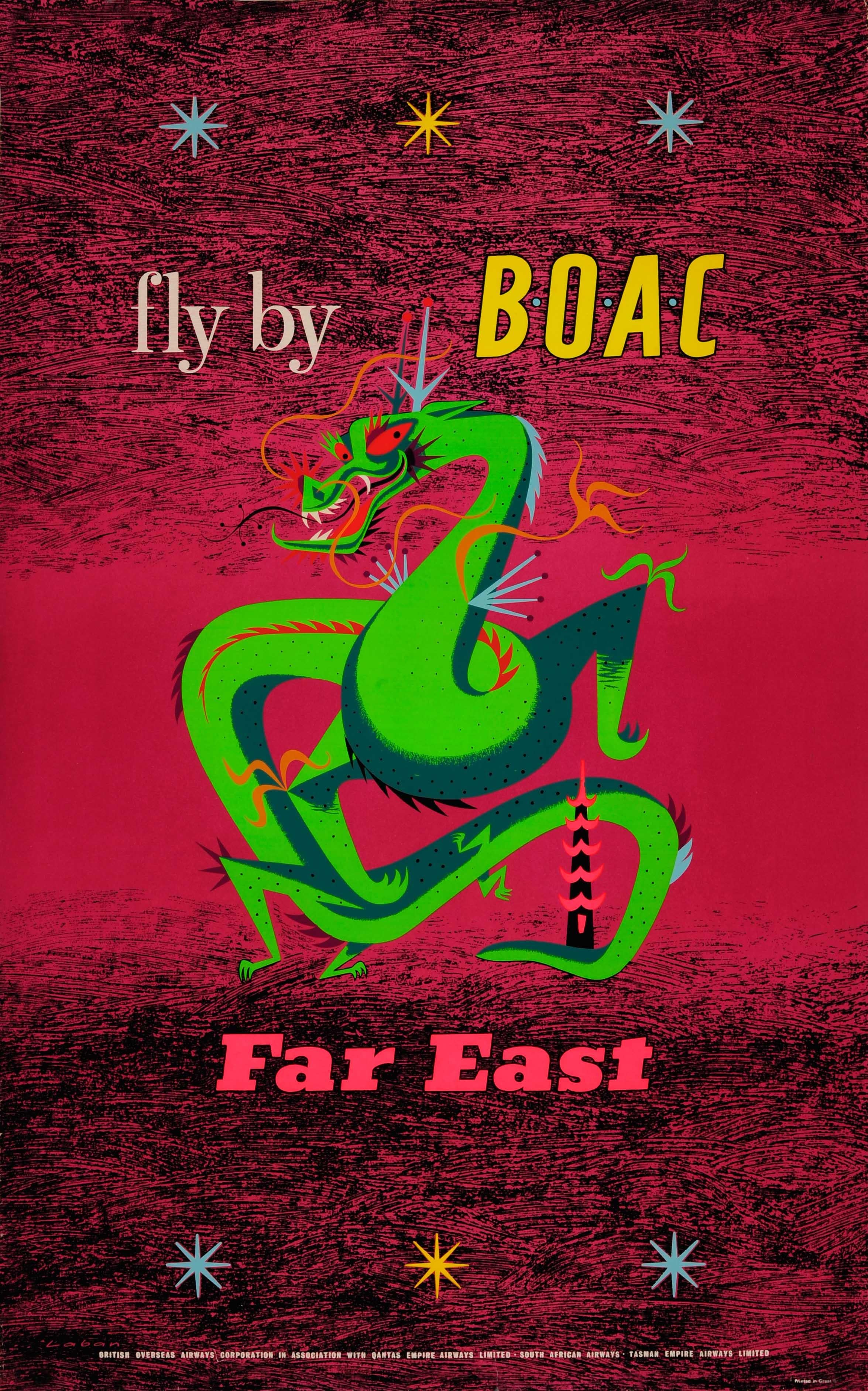 Maurice Laban Print - Original Vintage Air Travel Poster Fly By BOAC To The Far East ft. Dragon Design