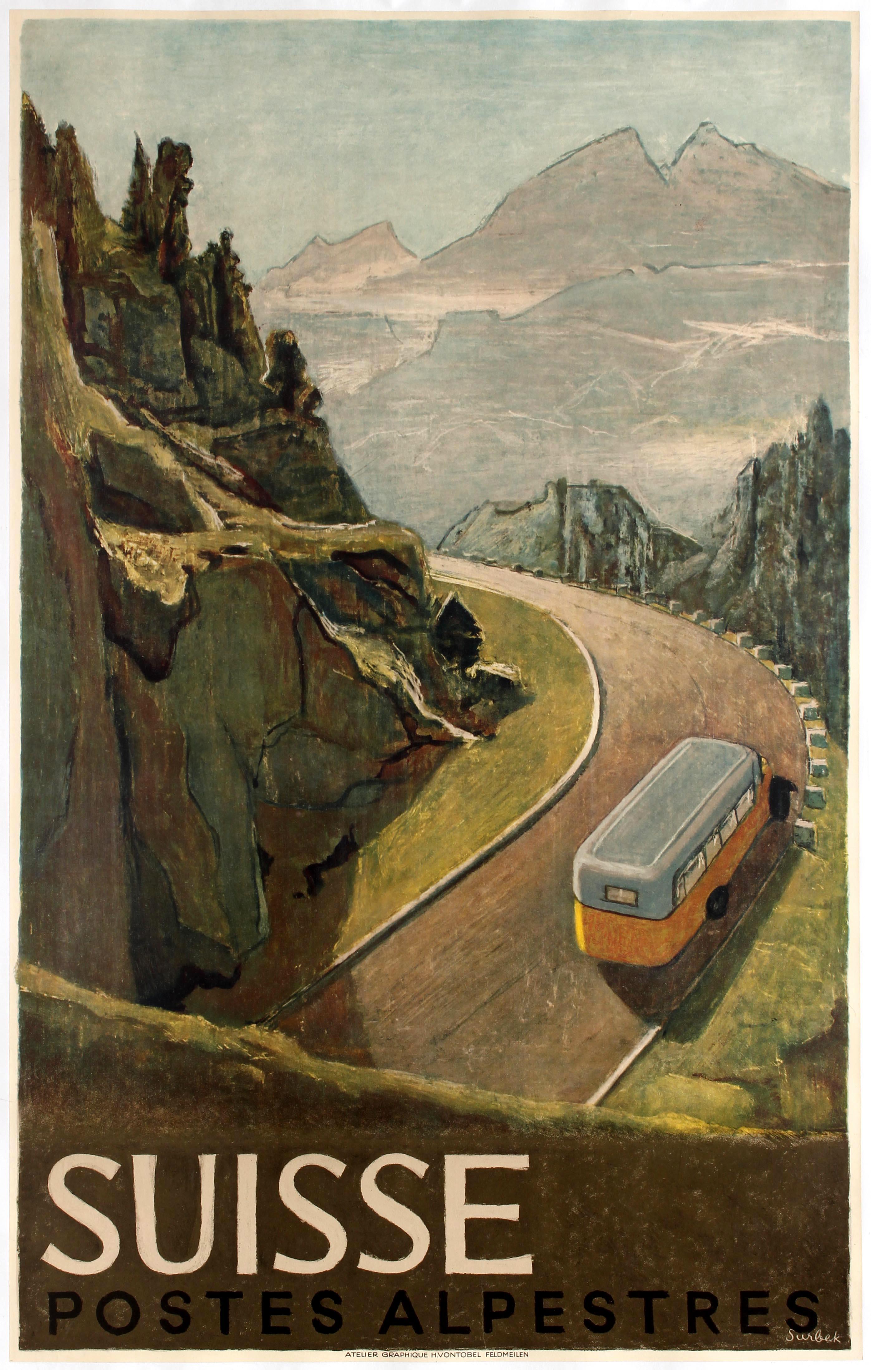 Victor Surbek Print - Original Vintage Swiss Travel Poster Suisse Postes Alpestres Alps Post Motor Bus