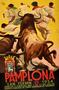 Original Retro Poster San Fermin Running Of The Bulls Pamplona Spain Encierro