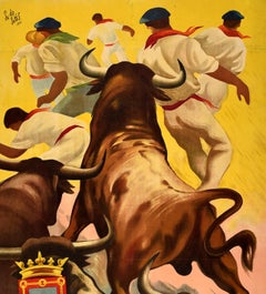 Original Vintage Poster San Fermin Running Of The Bulls Pamplona Spain Encierro