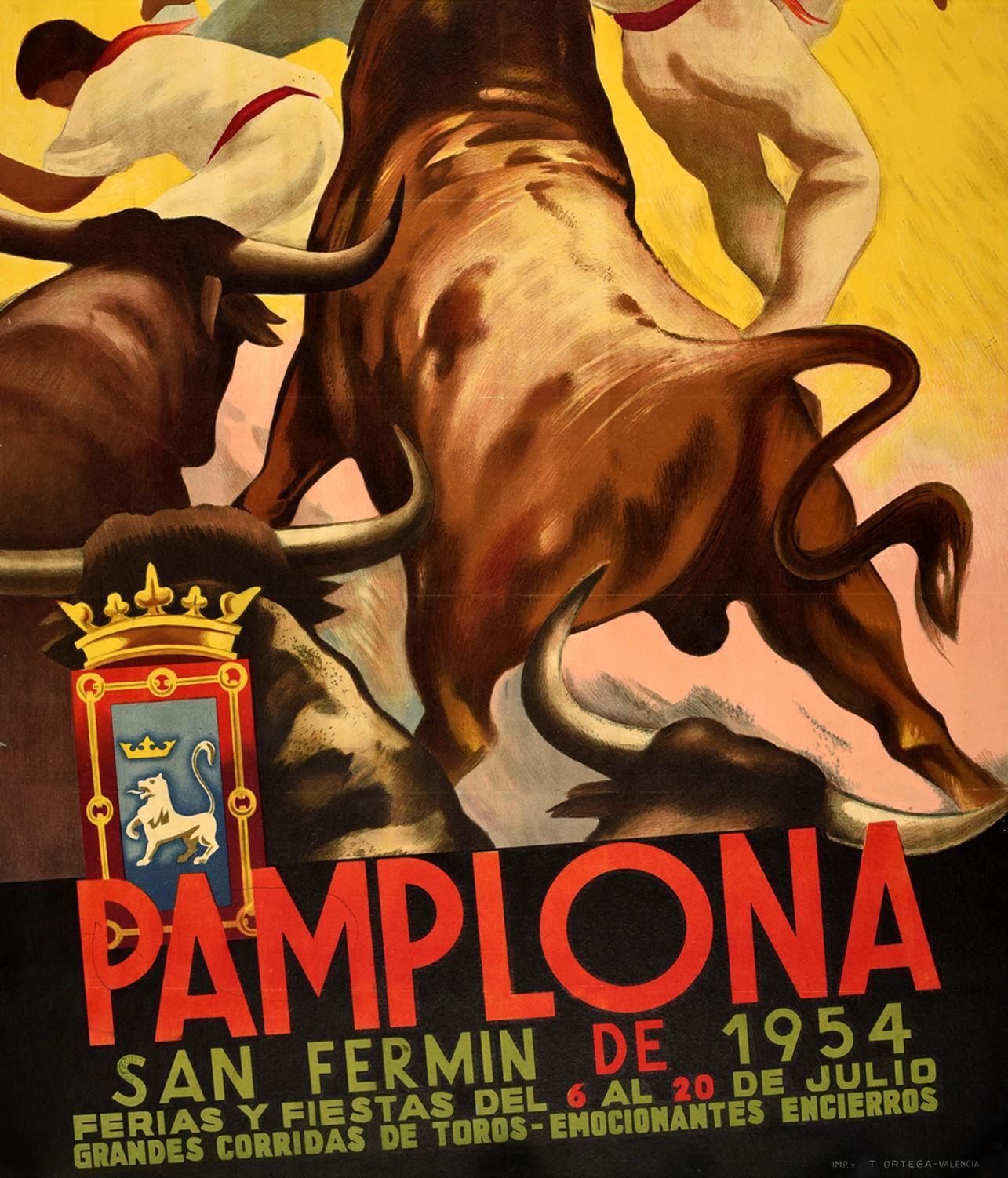 Affiche d'origine vintage Course de taureaux de Saint Firmin Pamplona Espagne Encierro - Marron Print par de Sotes