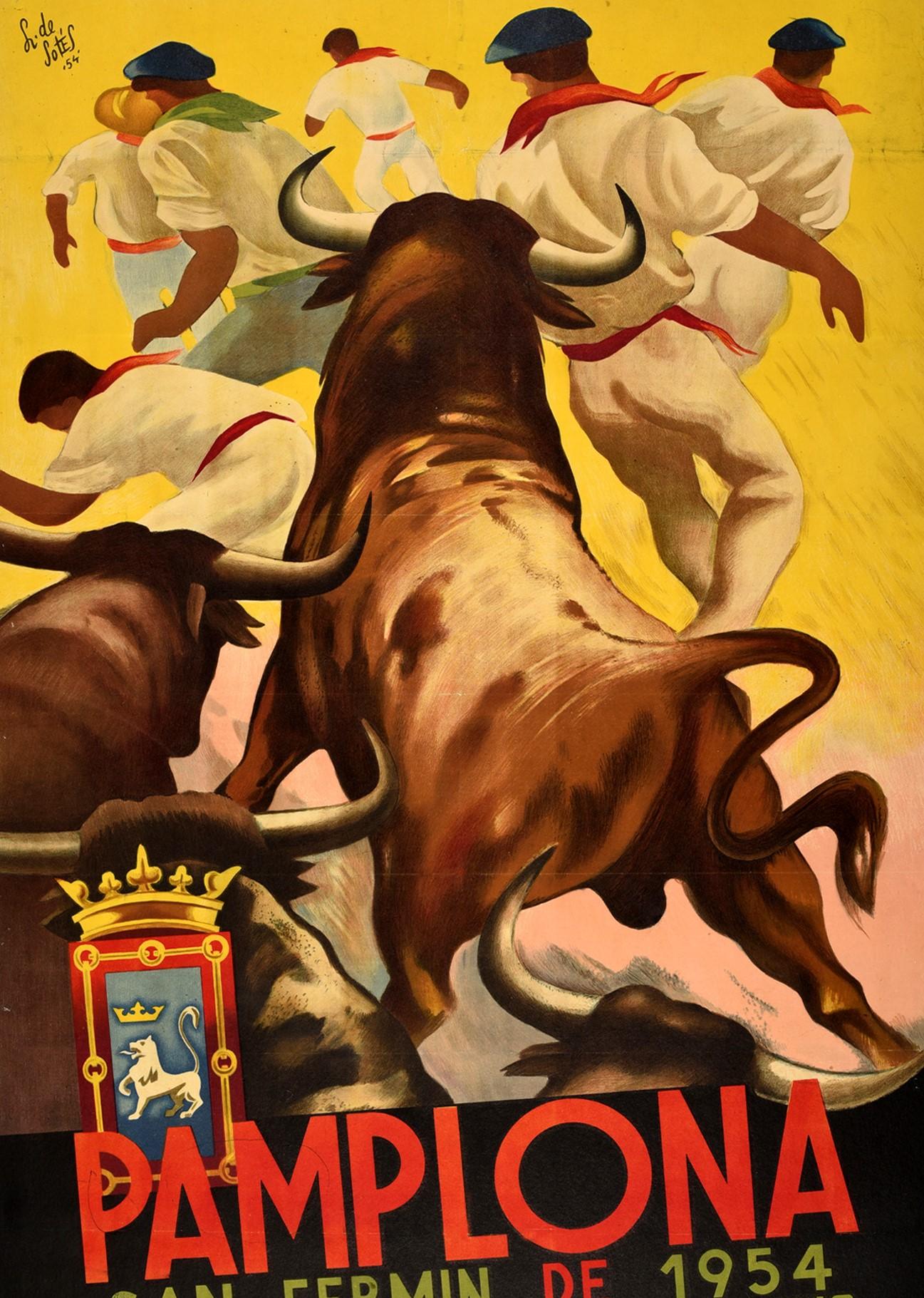Affiche publicitaire originale pour le festival de San Fermin 1954 à Pampelune en Espagne du 6 au 20 juillet / San Fermin de 1954 Ferias y Fiestas del 6 al 20 de Julio Grandes Corridas de Toros Emocionantes Encierros avec un dessin dynamique de
