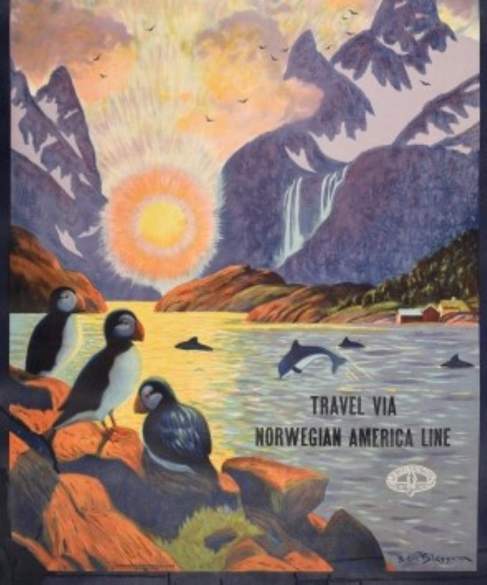 Póster Original Vintage Noruega La Tierra Del Sol De Medianoche Viajes Fiordo Puffins - Print Marrón de Ben Blessum