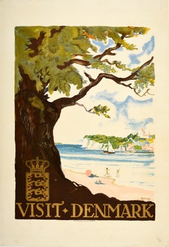 Original Vintage Travel Poster Visit Denmark Coast Beach Swimming Sailing Boat