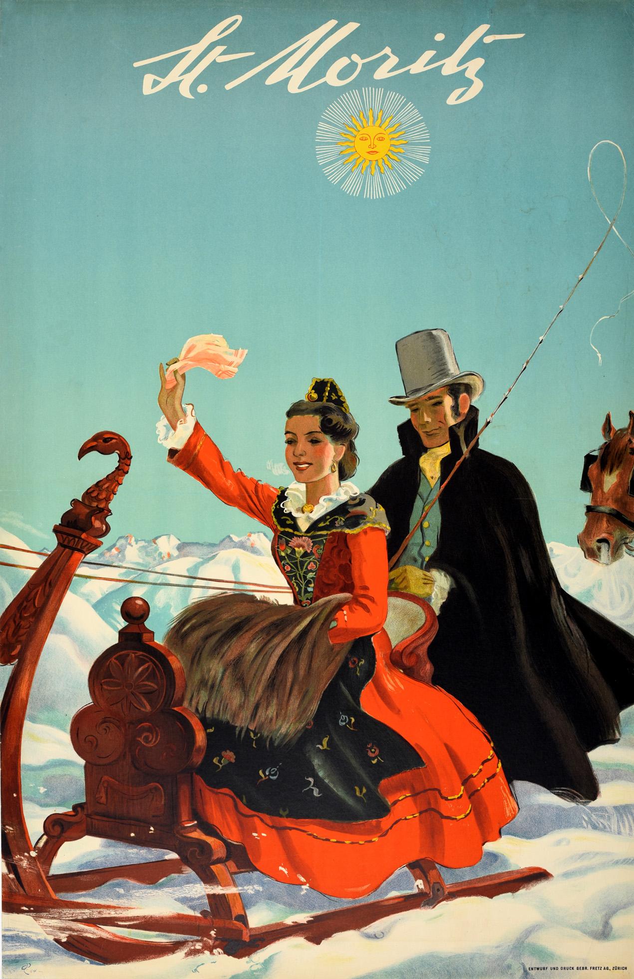 Hugo Laubi Print - Original Vintage Poster St Moritz Switzerland Swiss Alps Travel Horse Sleigh Art