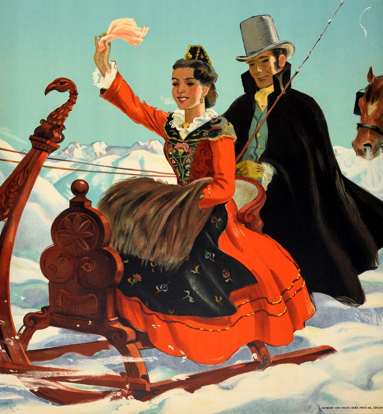 Original Vintage Poster St Moritz Switzerland Swiss Alps Travel Horse Sleigh Art - Print by Hugo Laubi