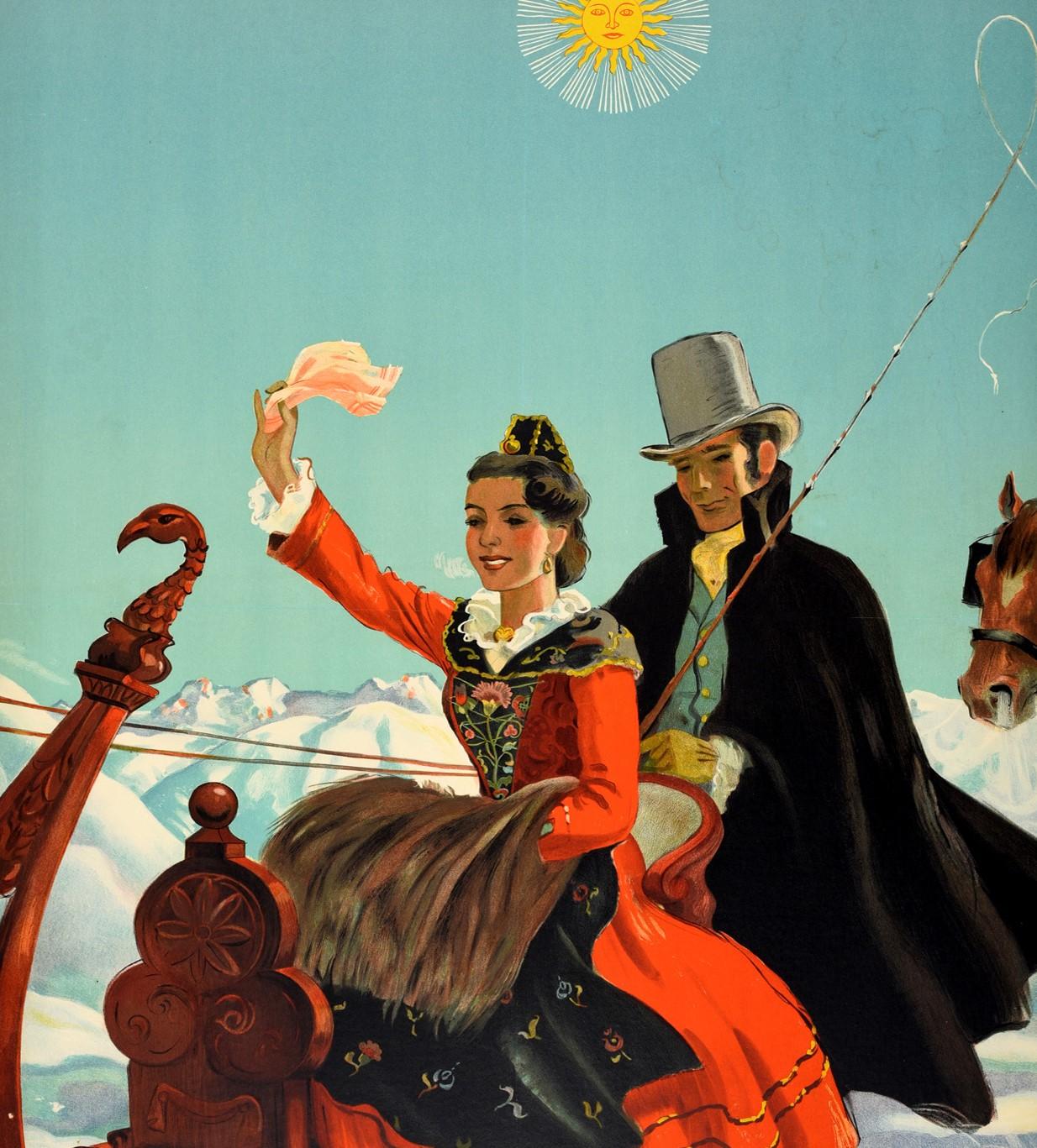 Original Vintage Poster St Moritz Switzerland Swiss Alps Travel Horse Sleigh Art - Gray Print by Hugo Laubi