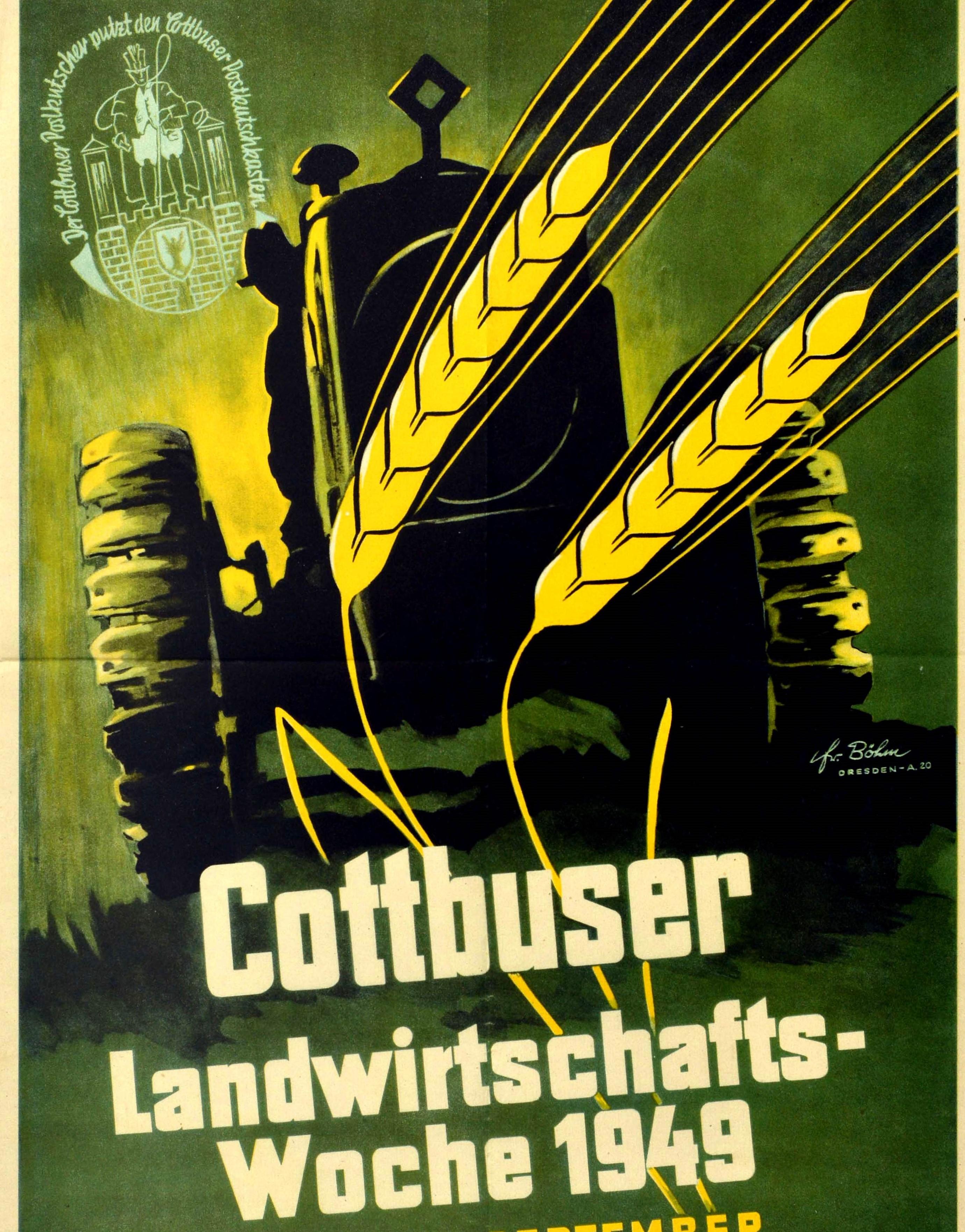 Original Vintage Poster Cottbuser Landwirtschafts Woche Agriculture Farm Tractor - Green Print by Bohm