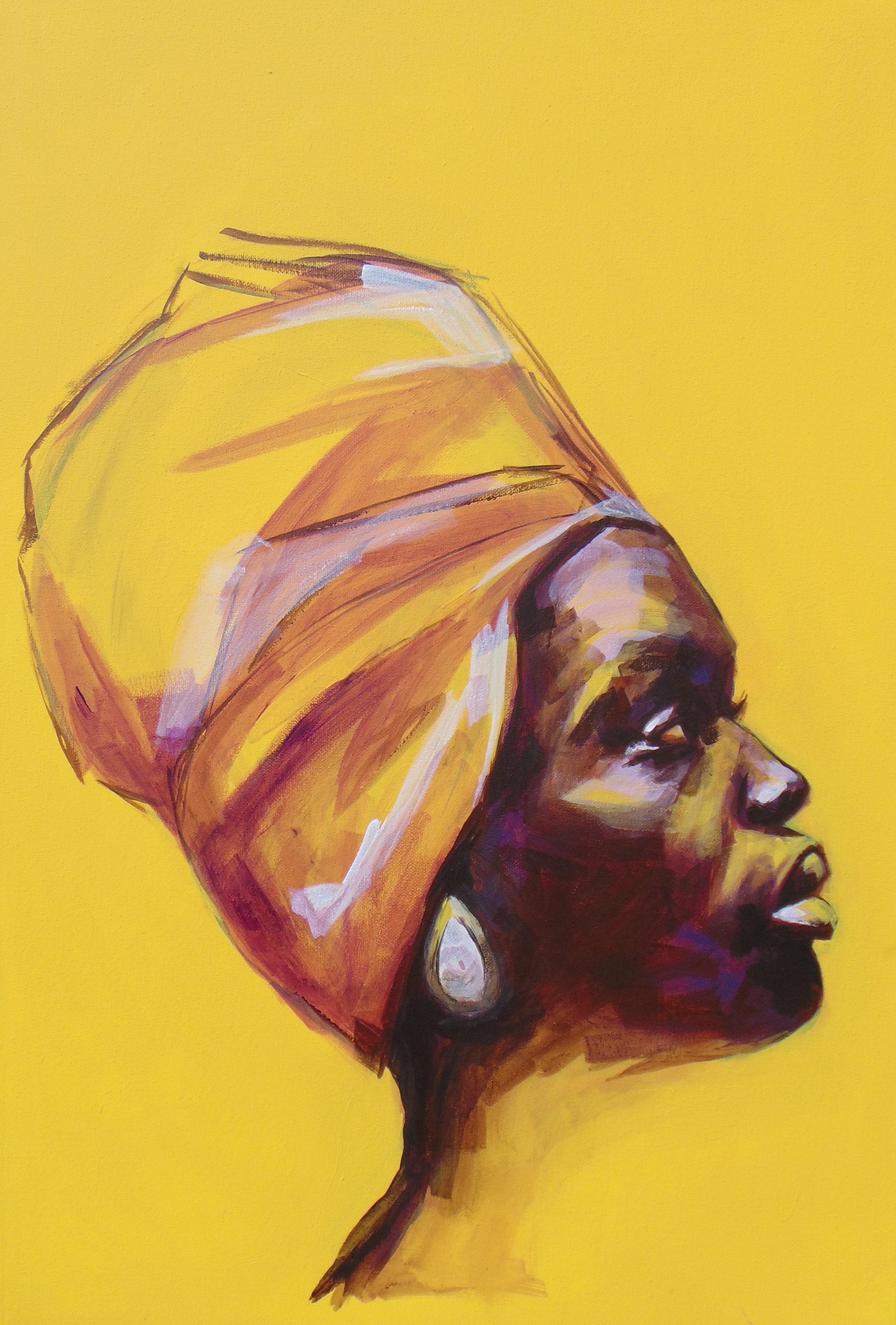 Yellow Focus, original emulsion acrylic paint signed great reviews portrait  - Art by Flo Lee