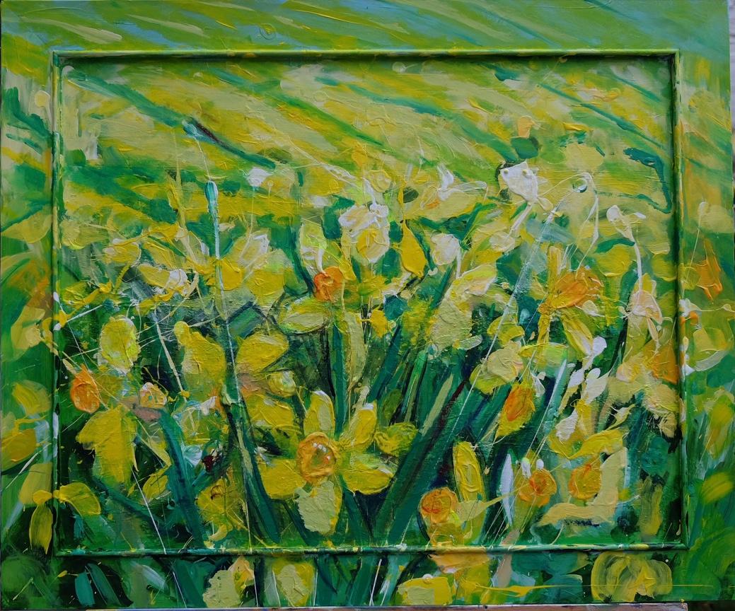 Janet Lance Hughes Landscape Painting - Field of Daffodils original personally signed mixed media oil on canvas yellow 