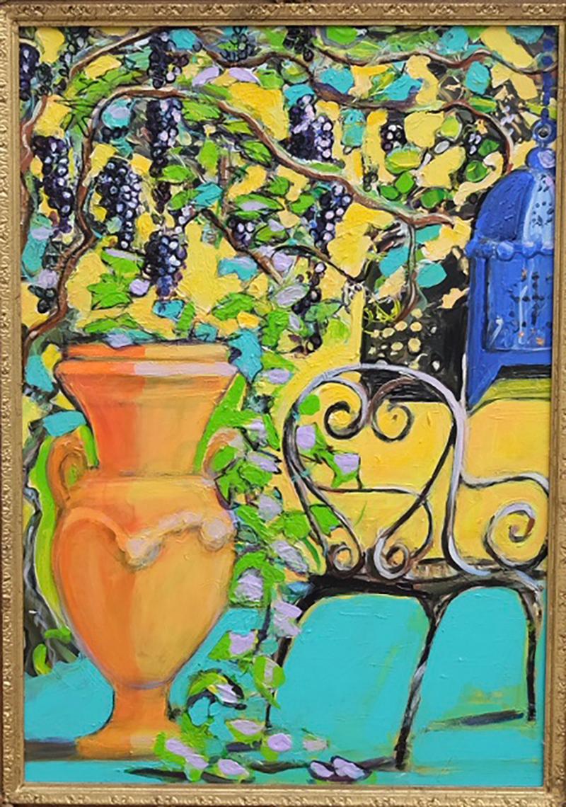 Italian Urn with Grapevine Original Mixed media Capri vibrant signed colours - Art by Janet Lance Hughes