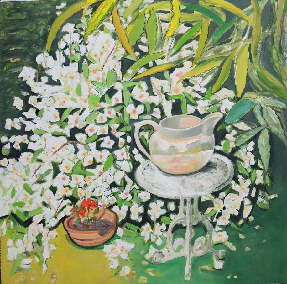 White Jug on table with scented Philadelphus Original mixed media signed art 