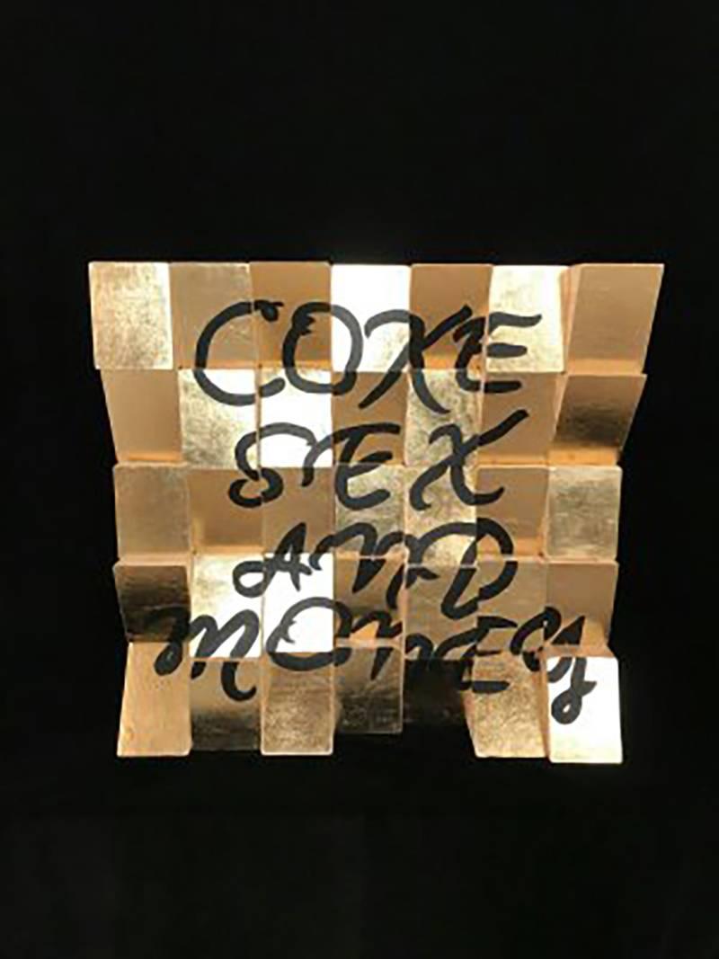 Coke, Sex and Money, Acrylic Paint, Gold Leaf on Canvas Wooden Blocks Signed 
