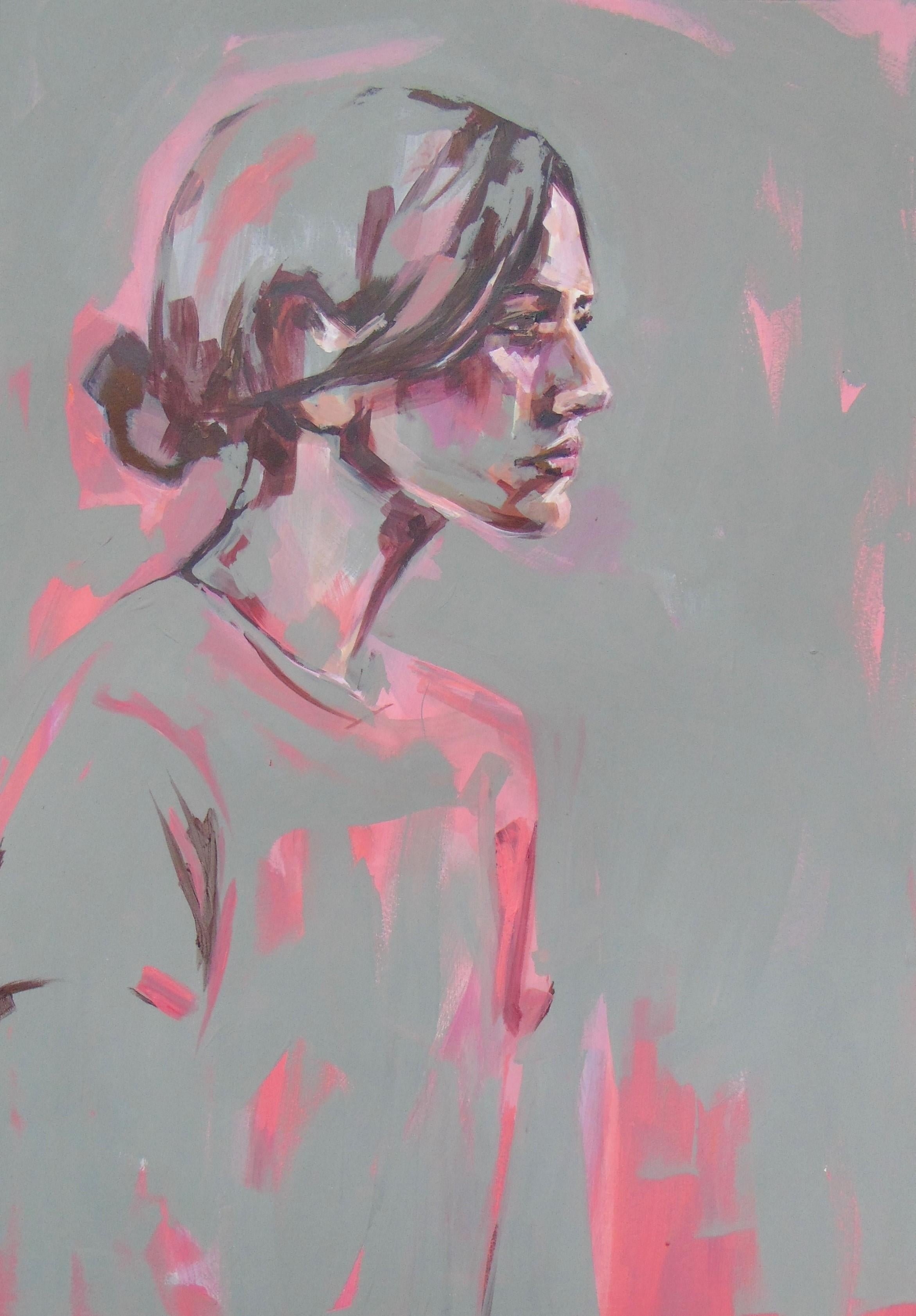 Pink and Grey, original signed great reviews vibrant portrait emerging art - Art by Flo Lee