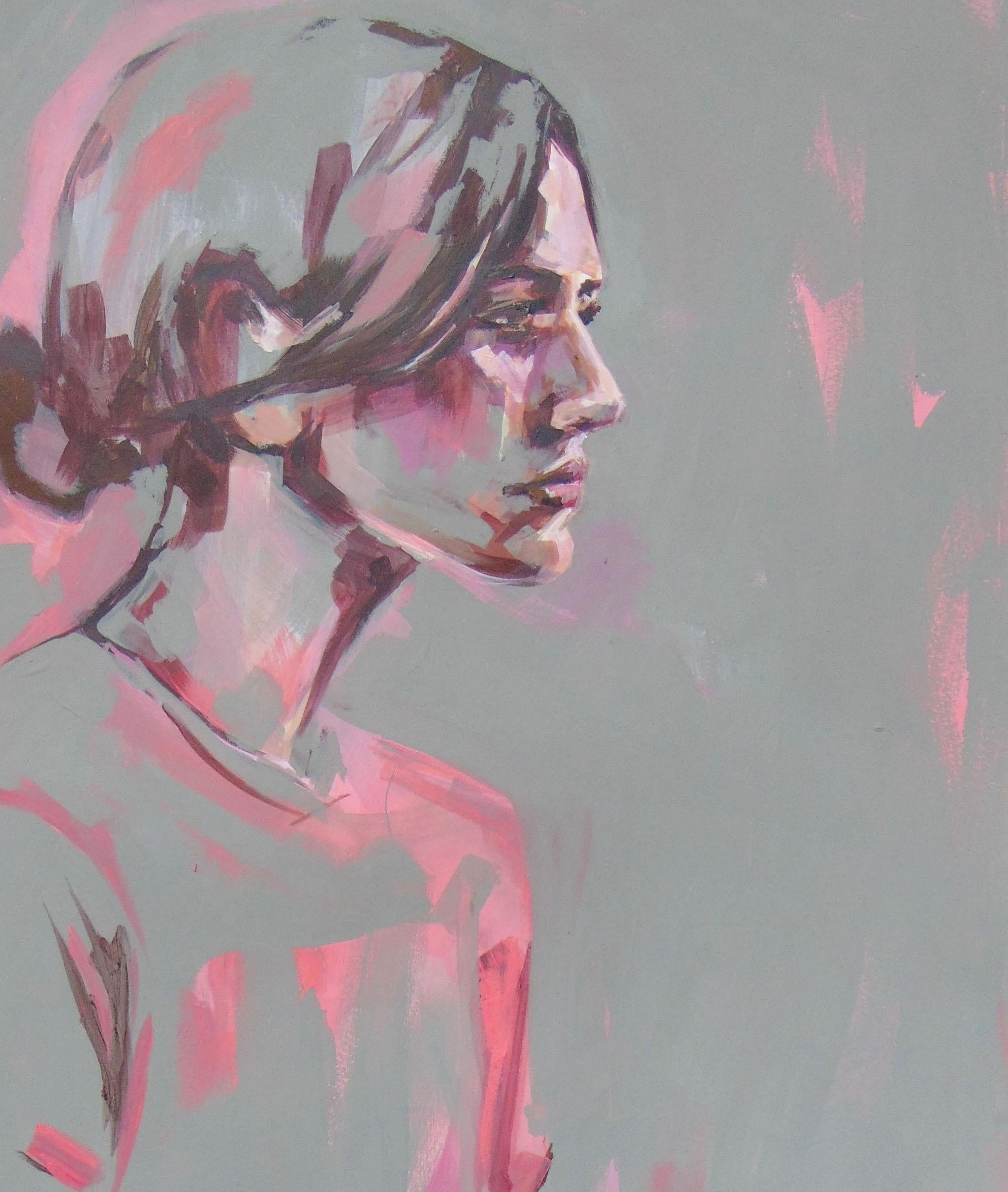 Pink and Grey, original signed great reviews vibrant portrait emerging art - Contemporary Art by Flo Lee